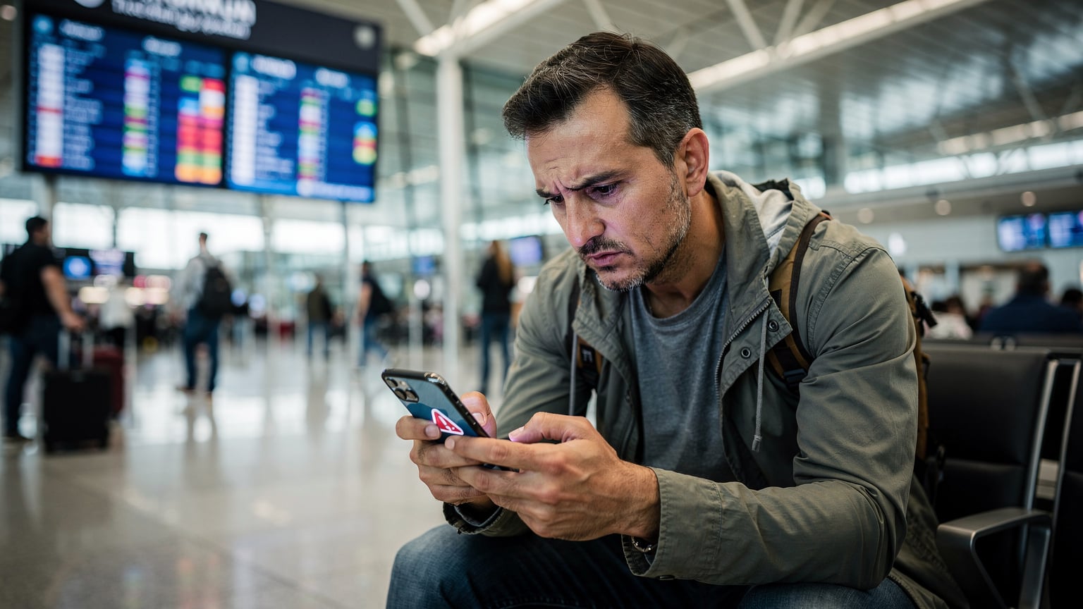 Un voyageur à l'aéroport d'Istanbul, visiblement contrarié, fixe son téléphone affichant un message d'erreur de connexion, le visage trahissant une certaine frustration.