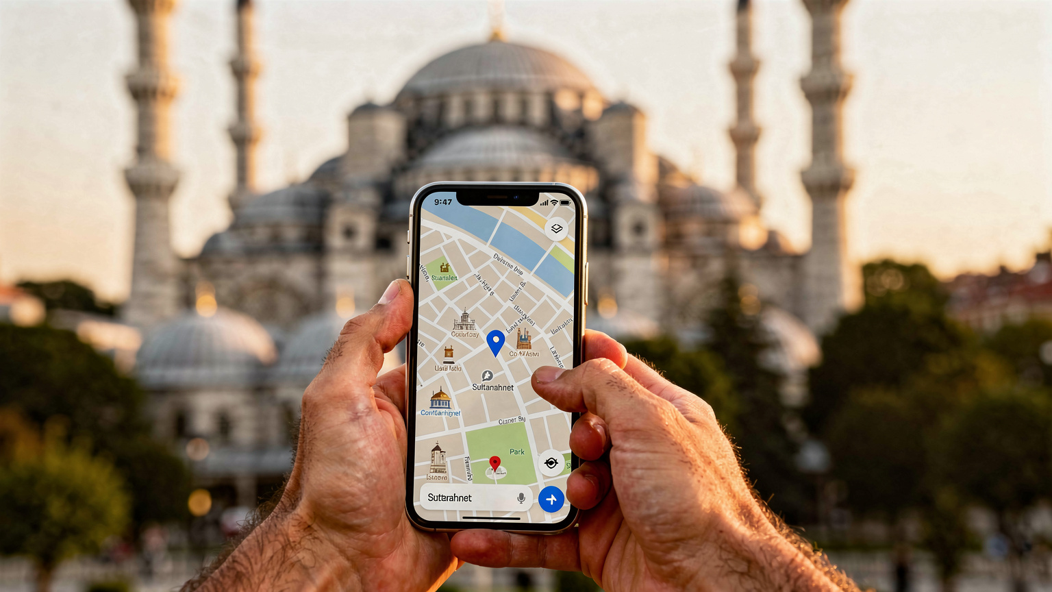Un téléphone portable affichant une carte en ligne du quartier de Sultanahmet à Istanbul, tenu par des mains d'homme avec en arrière-plan flou, la majestueuse Mosquée Bleue.