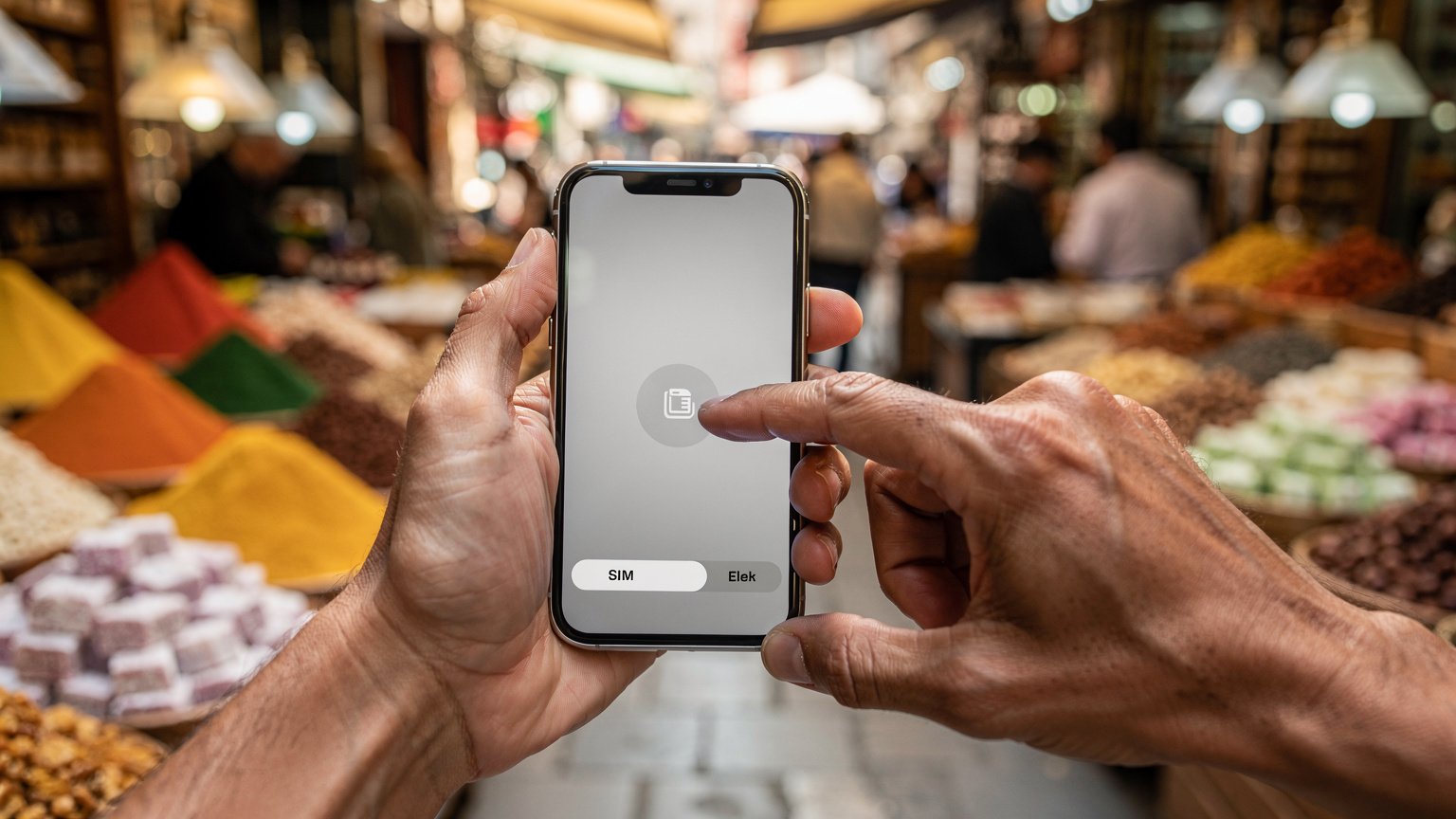 Des mains tenant un smartphone avec une interface d'activation eSIM affichée, tandis qu'en arrière-plan flou, on devine l'animation d'un marché traditionnel turc avec des épices colorées et des marchands.