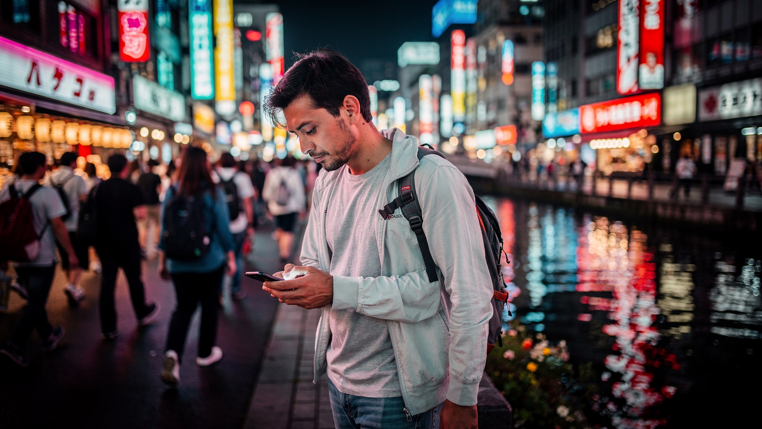 Een reiziger navigeert door de drukke straten van Dotonbori, Osaka, met zijn telefoon in de hand, op zoek naar een specifiek restaurant. De neonlichten van de billboards reflecteren in de kanalen.