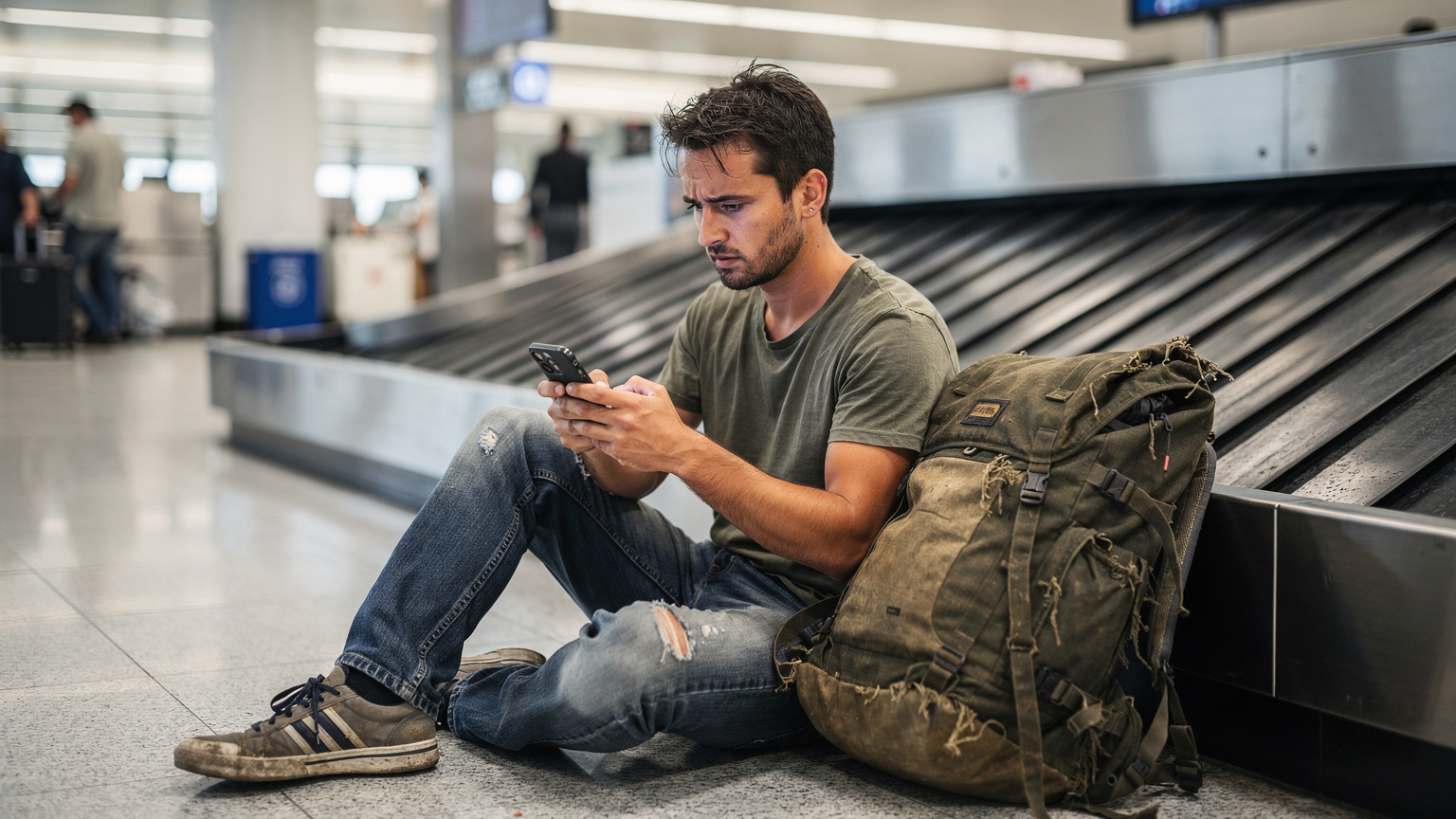Een budgetreiziger zit op de grond bij de bagageband op Kansai International Airport (KIX), met zijn telefoon in de hand en een licht bezorgde uitdrukking op zijn gezicht, mogelijk door een haperende internetverbinding.