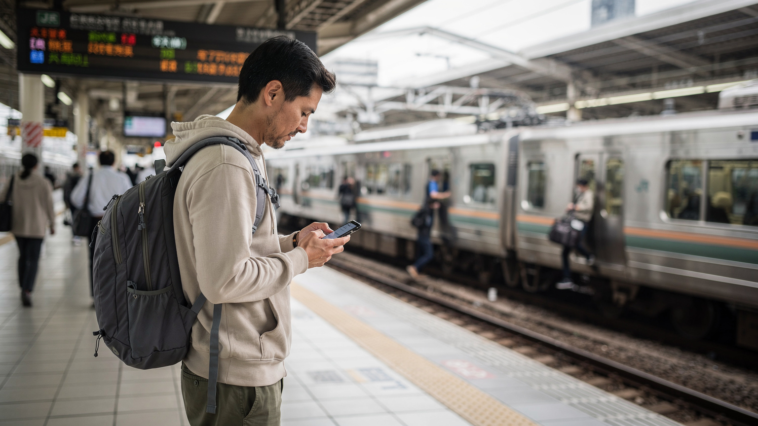 Een reiziger wacht op een trein op het perron van Osaka Station, terwijl hij op zijn telefoon de Japanse transit-app Hyperdia gebruikt om zijn route te controleren. De treinen van de JR-lijn rijden op de achtergrond.