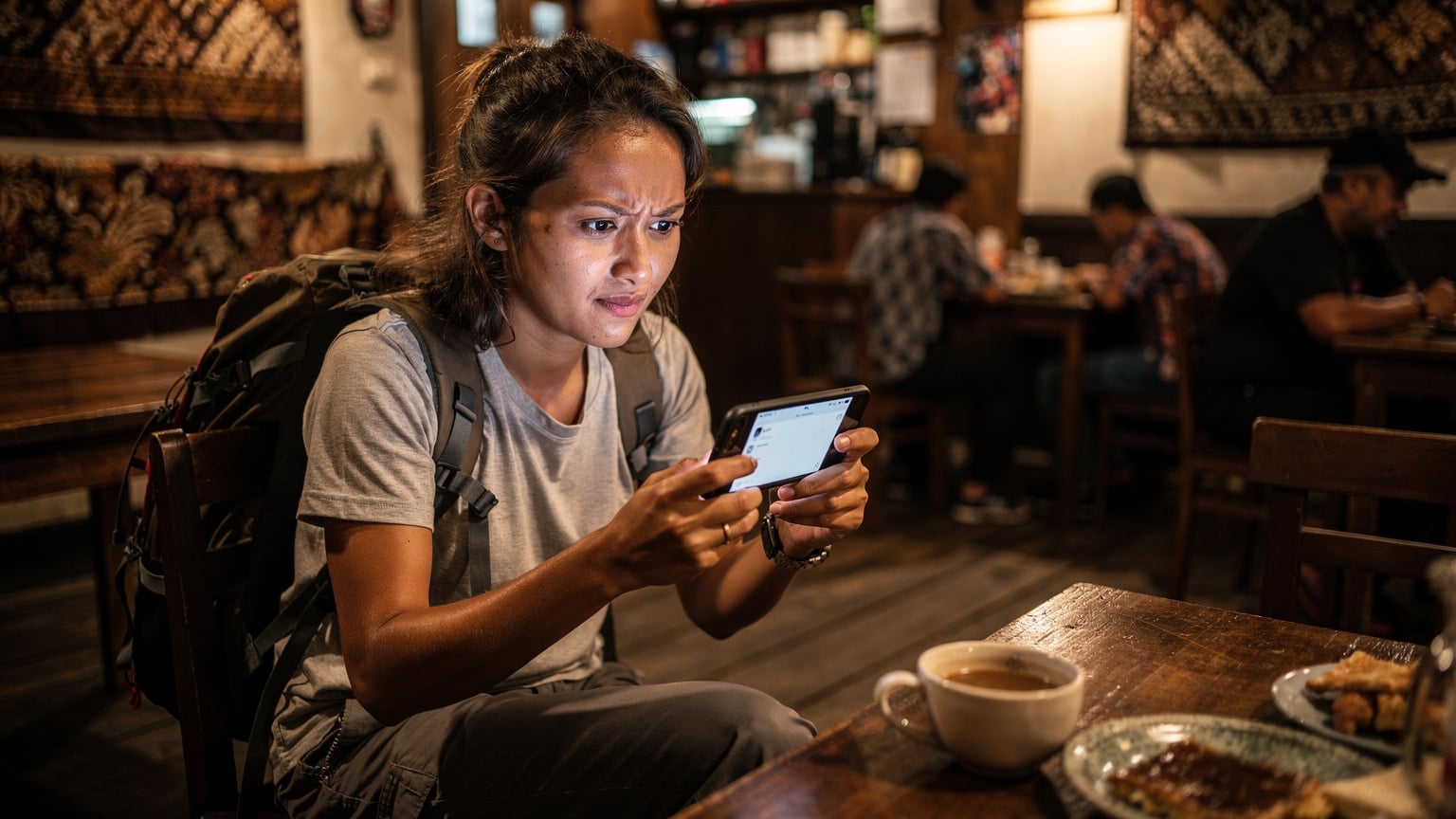 Wi-Fiの繋がりにくいインドネシアのローカルカフェで、iPhoneのネットワーク設定画面を見つめ、接続トラブルに困惑しているバックパッカーの女性。