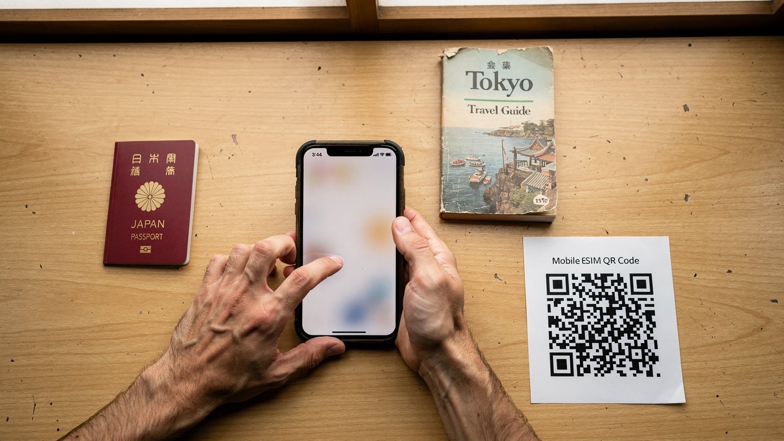 日本の自宅のデスクで、パスポート、旅行ガイド、Cellesim eSIMのQRコードが印刷された紙を広げ、iPhoneで設定を最終確認しているバックパッカーの手元のクローズアップ。