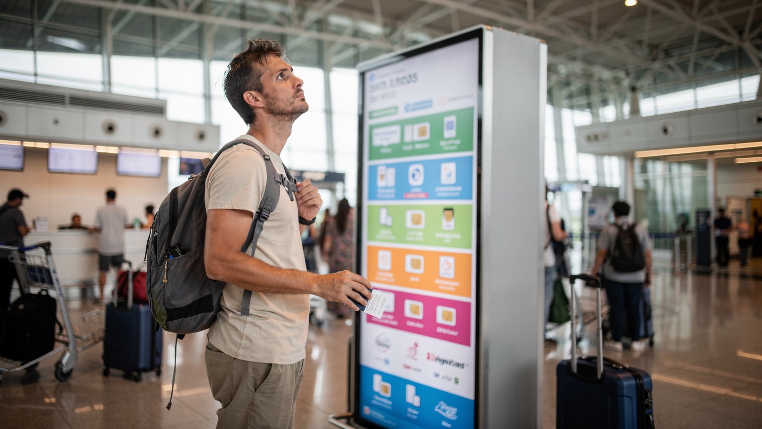 バンコクのスワンナプーム国際空港の賑やかな到着ロビーで、現地SIMカードの購入を検討している旅行客の様子。