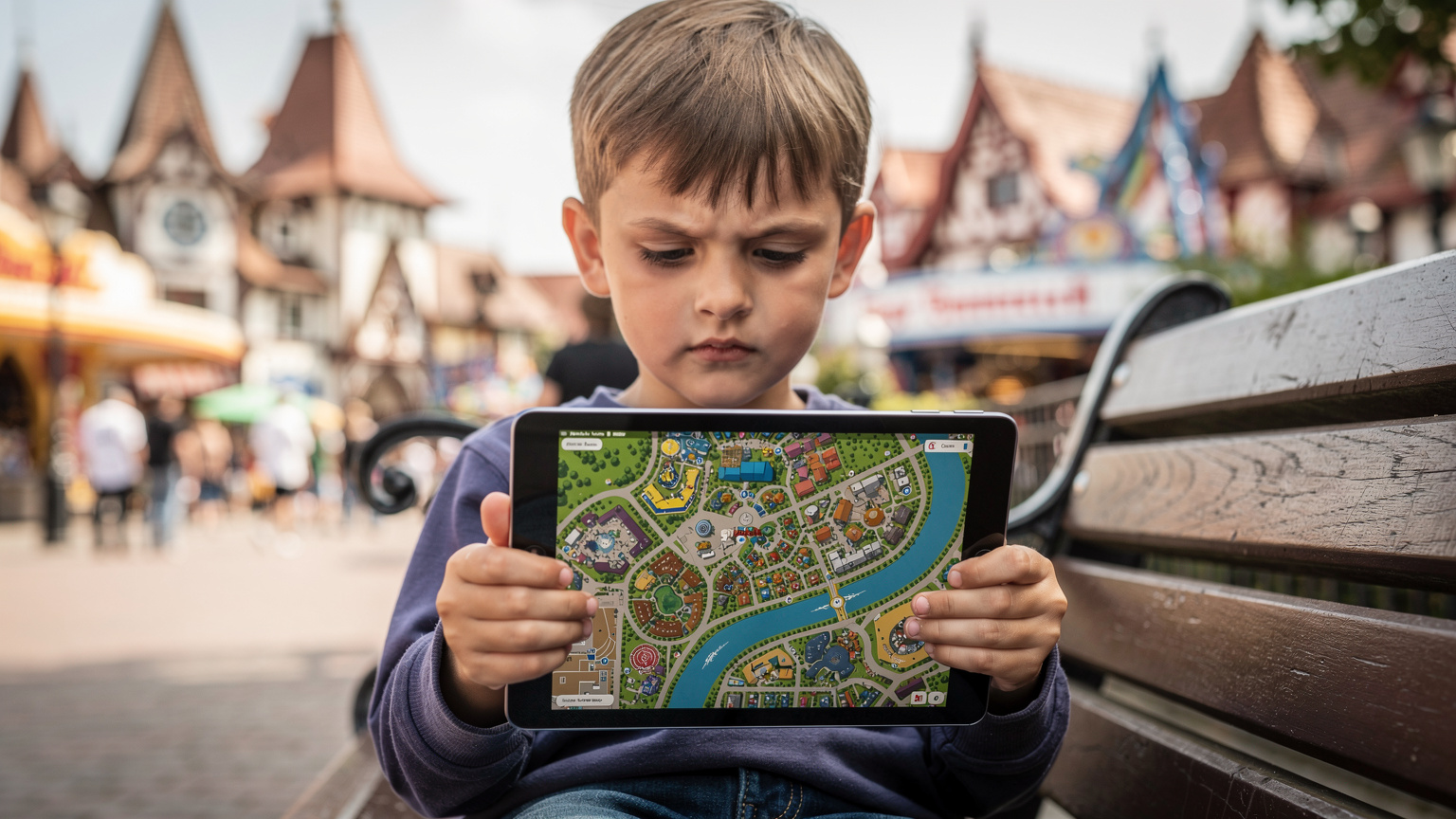 Ein Kind schaut konzentriert auf ein Tablet, das eine Offline-Karte des Europaparks Rust anzeigt, während im Hintergrund die bunten Dächer des Parks zu sehen sind.