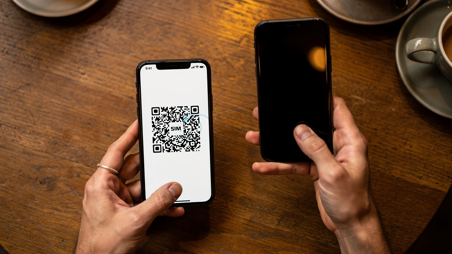 Eine Hand hält ein Smartphone, das einen QR-Code auf dem Bildschirm anzeigt, während eine andere Hand ein zweites Smartphone bereithält, um den Code zu scannen. Im Hintergrund ist ein leicht unscharfes, gemütliches Berliner Café zu sehen.