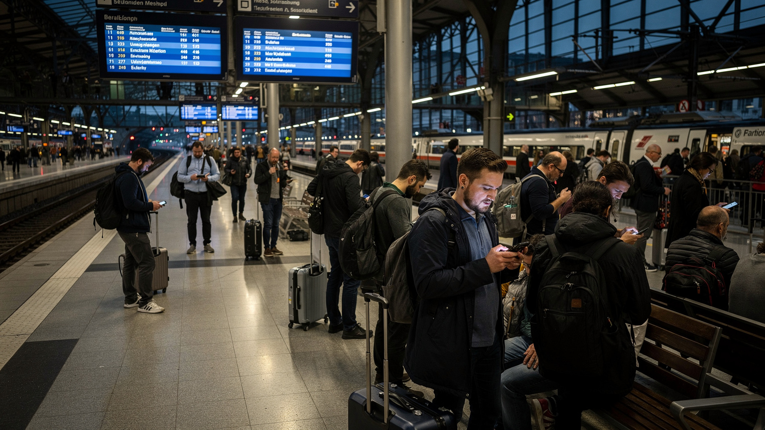 Ein überfüllter Bahnsteig im Berliner Hauptbahnhof, Reisende schauen besorgt auf ihre Smartphones, einige versuchen, eine Verbindung herzustellen. Das Licht ist das harte, künstliche Licht des Bahnhofs.
