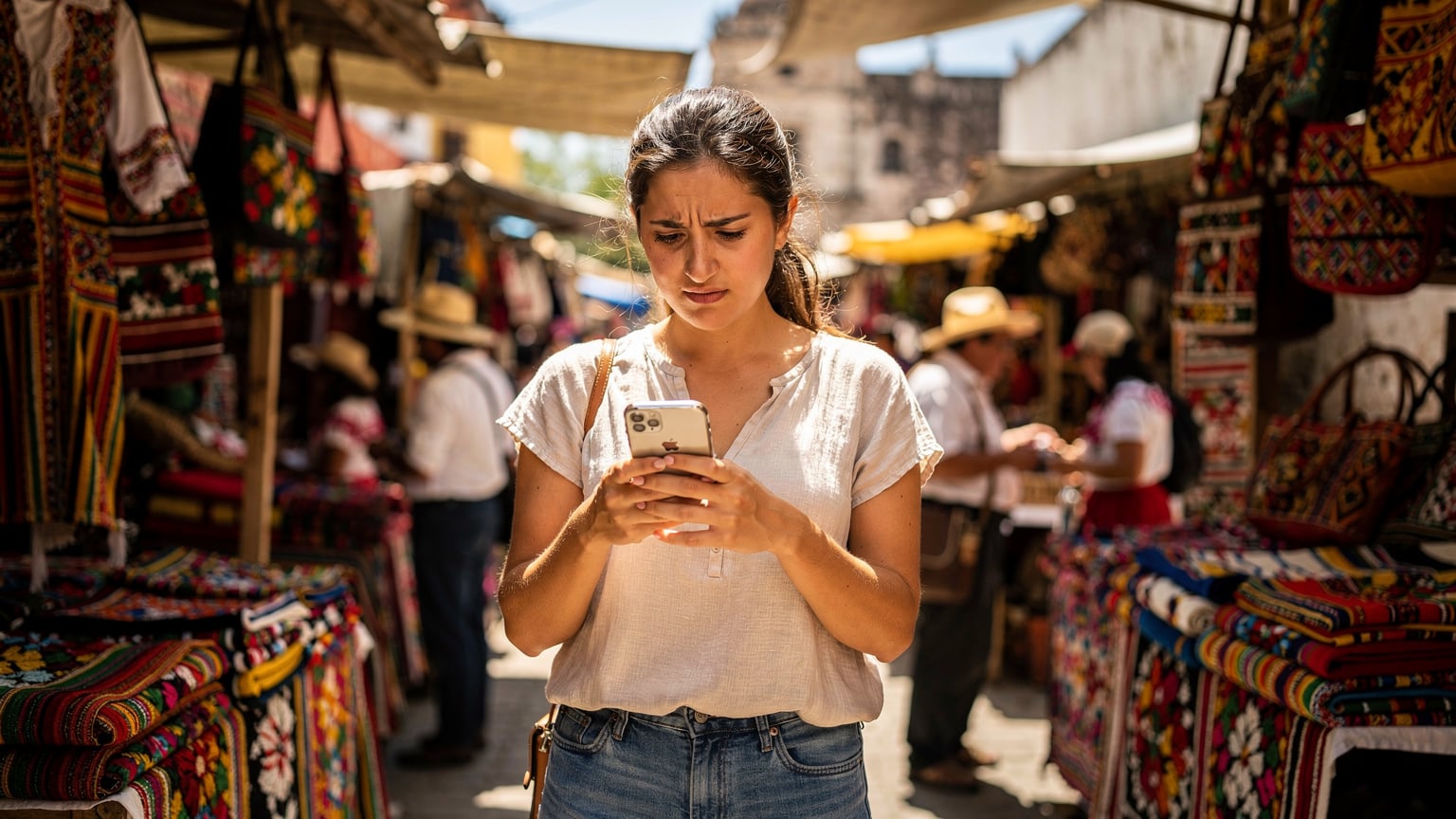 Una mujer joven con expresión de frustración, sosteniendo su iPhone y mirando la pantalla, intentando conectarse a la red en un mercado al aire libre lleno de gente en México.