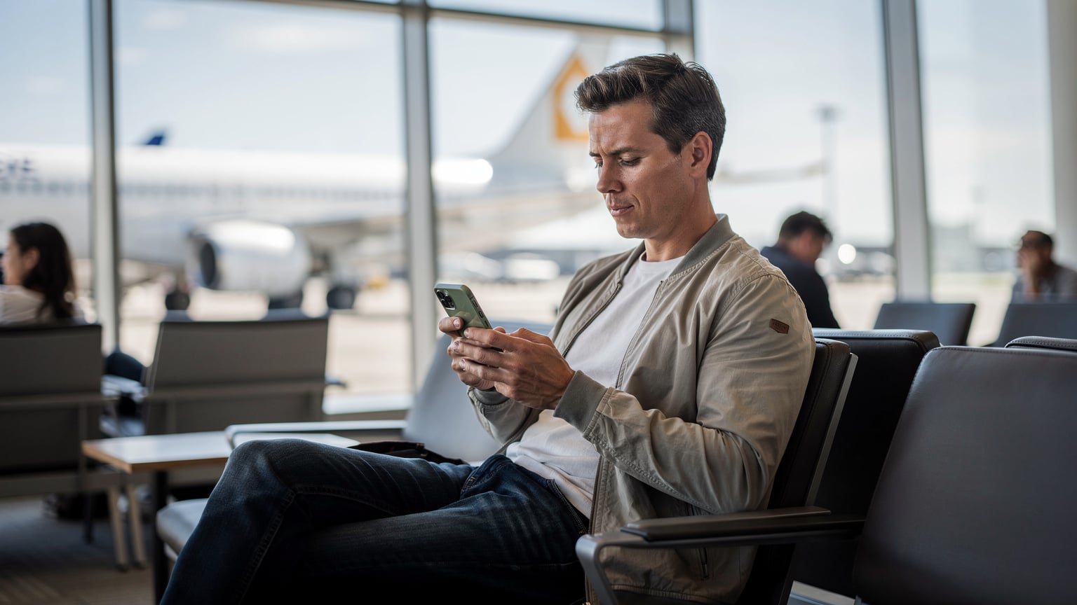 Un viajero en la zona de embarque de un aeropuerto concurrido, mirando su iPhone mientras activa una eSIM, con el fondo borroso de otros pasajeros y tiendas.
