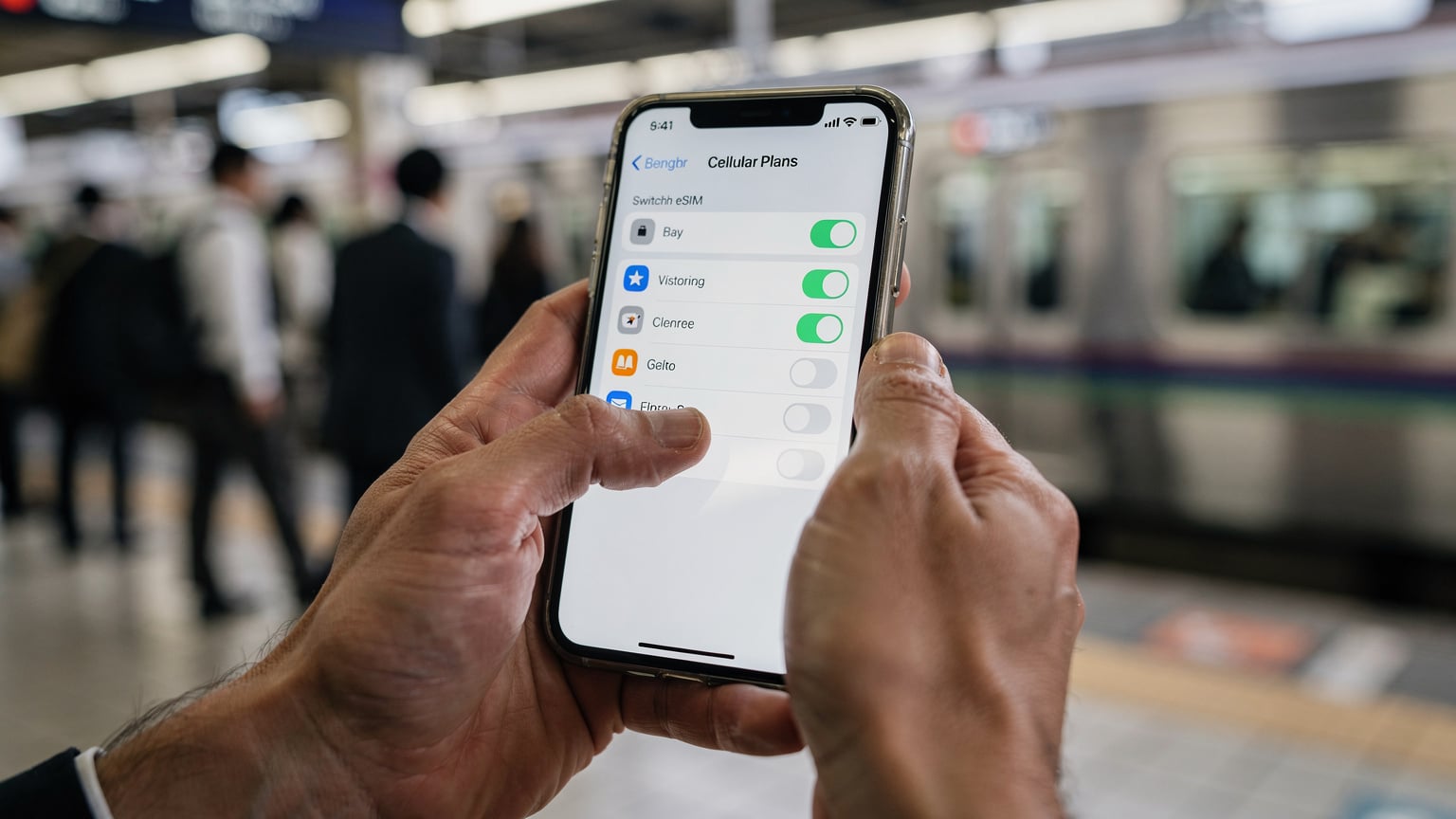 Manos de un viajero sosteniendo un iPhone, mostrando la interfaz de iOS para cambiar entre diferentes planes de datos eSIM en una estación de tren de Tokio concurrida.