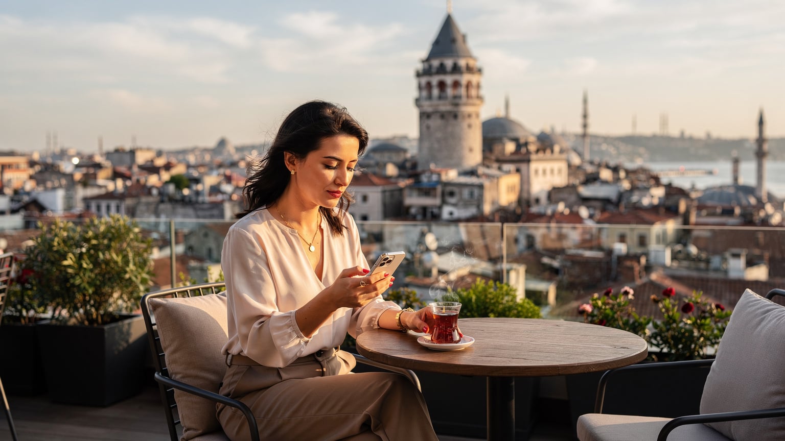 Una mujer disfrutando de una bebida en la azotea de un café en Estambul, usando su iPhone para navegar por Internet con la majestuosa Torre Gálata de fondo.