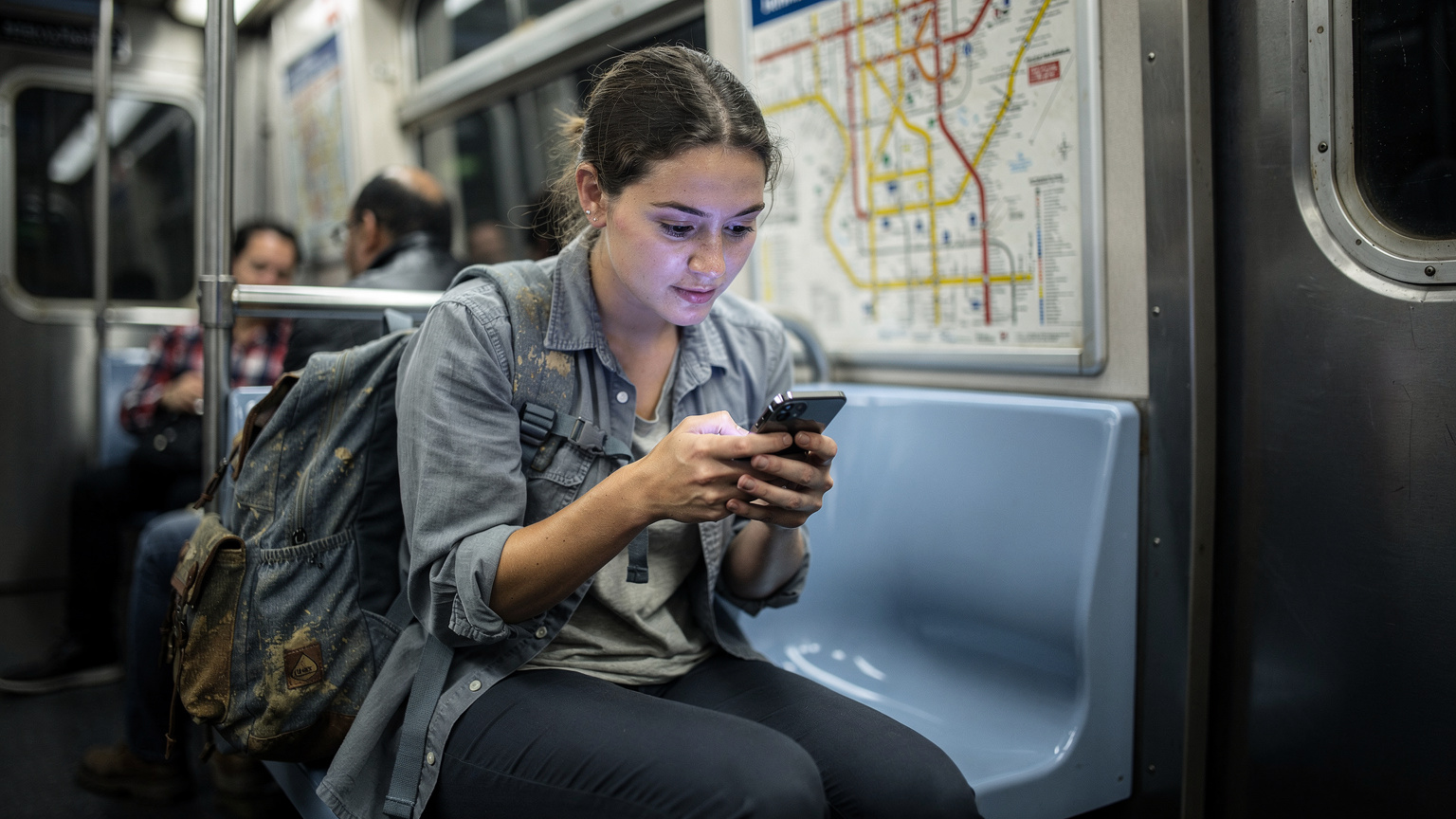 New York'ta bir metronun içinde harita kontrol eden genç bir kadın, metro hattı haritası arka planda belirgin.