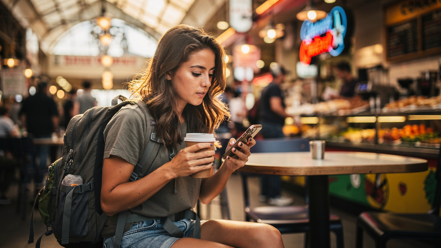 Los Angeles'taki Grand Central Market'te kahve içerken telefonundan notlarını kontrol eden genç bir kadın.