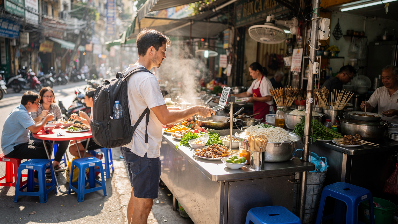 A person at a bustling street food stall in Hanoi, Vietnam, paying with a mobile phone, illustrating the need for local connectivity.