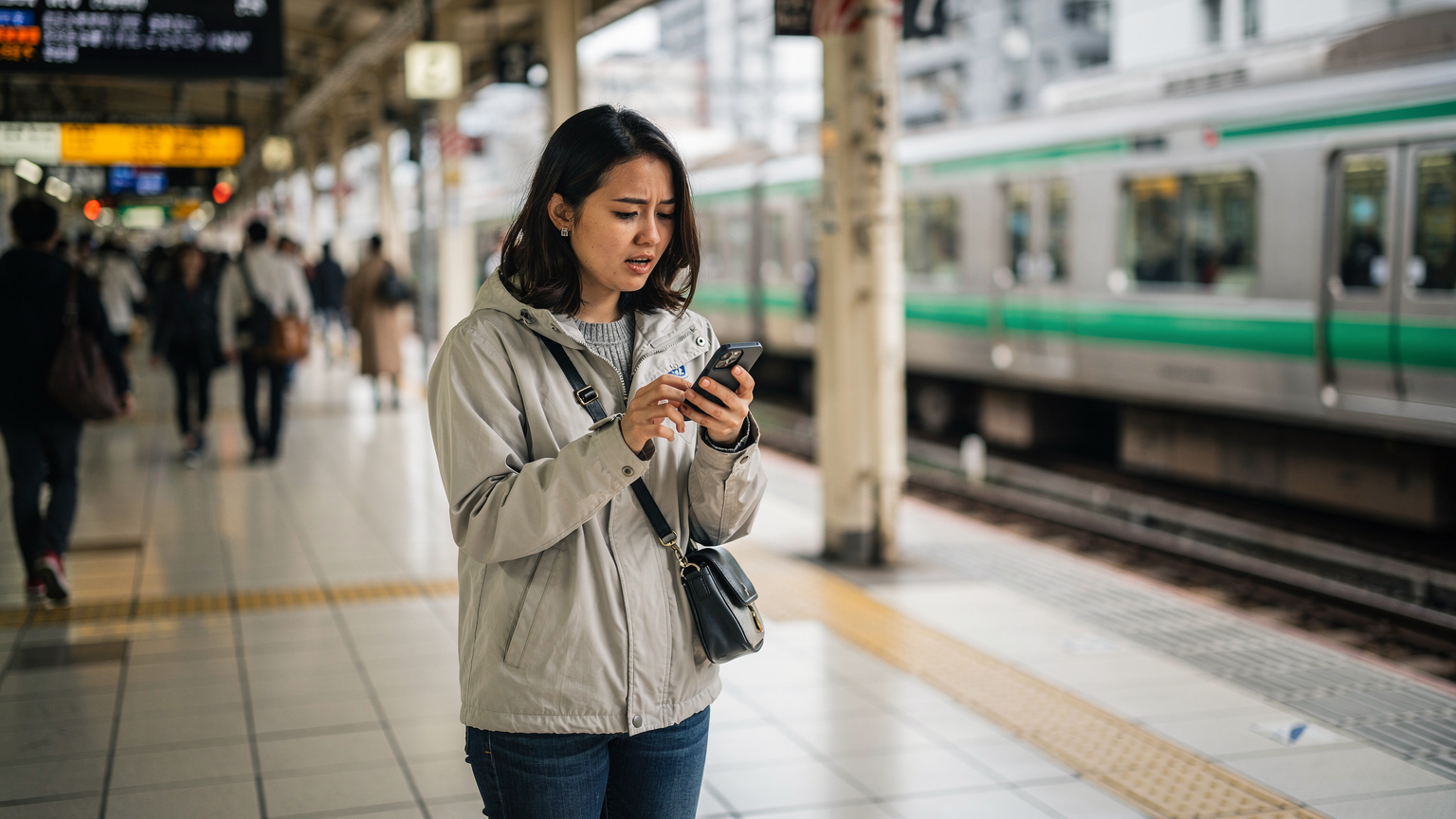 A traveler looking at their phone with a concerned expression while standing at a train station in Tokyo, hinting at connectivity issues.
