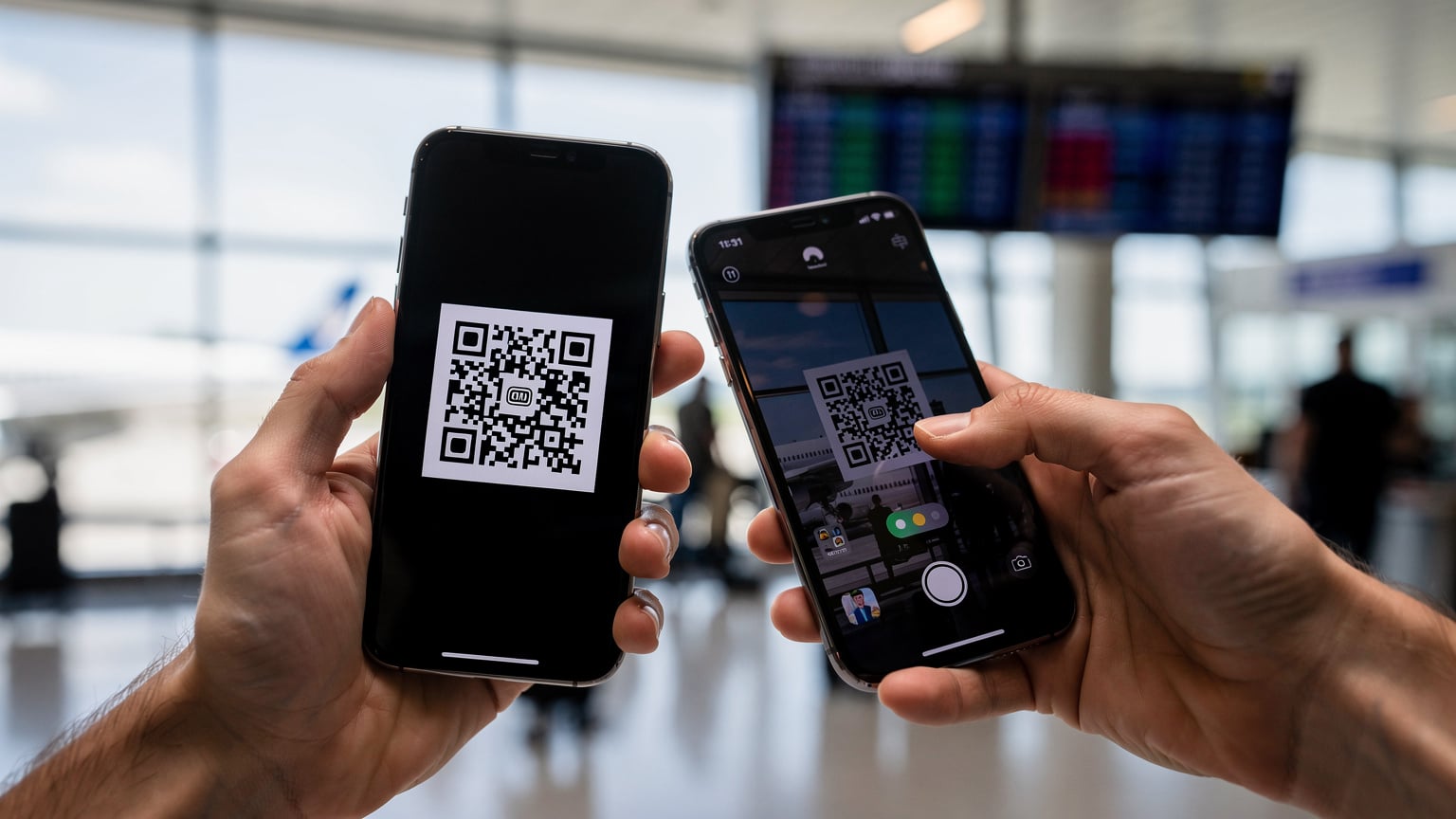 En närbild på en persons händer som håller en smartphone och skannar en QR-kod för att aktivera ett eSIM, med en suddig bakgrund av ett flygplatsgateområde.