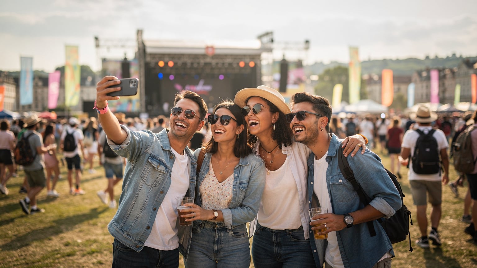 En grupp vänner på en europeisk festival, en av dem håller upp sin telefon med en festivalapp öppen, medan de skrattar och pekar mot scenen. Solen skiner över dem.