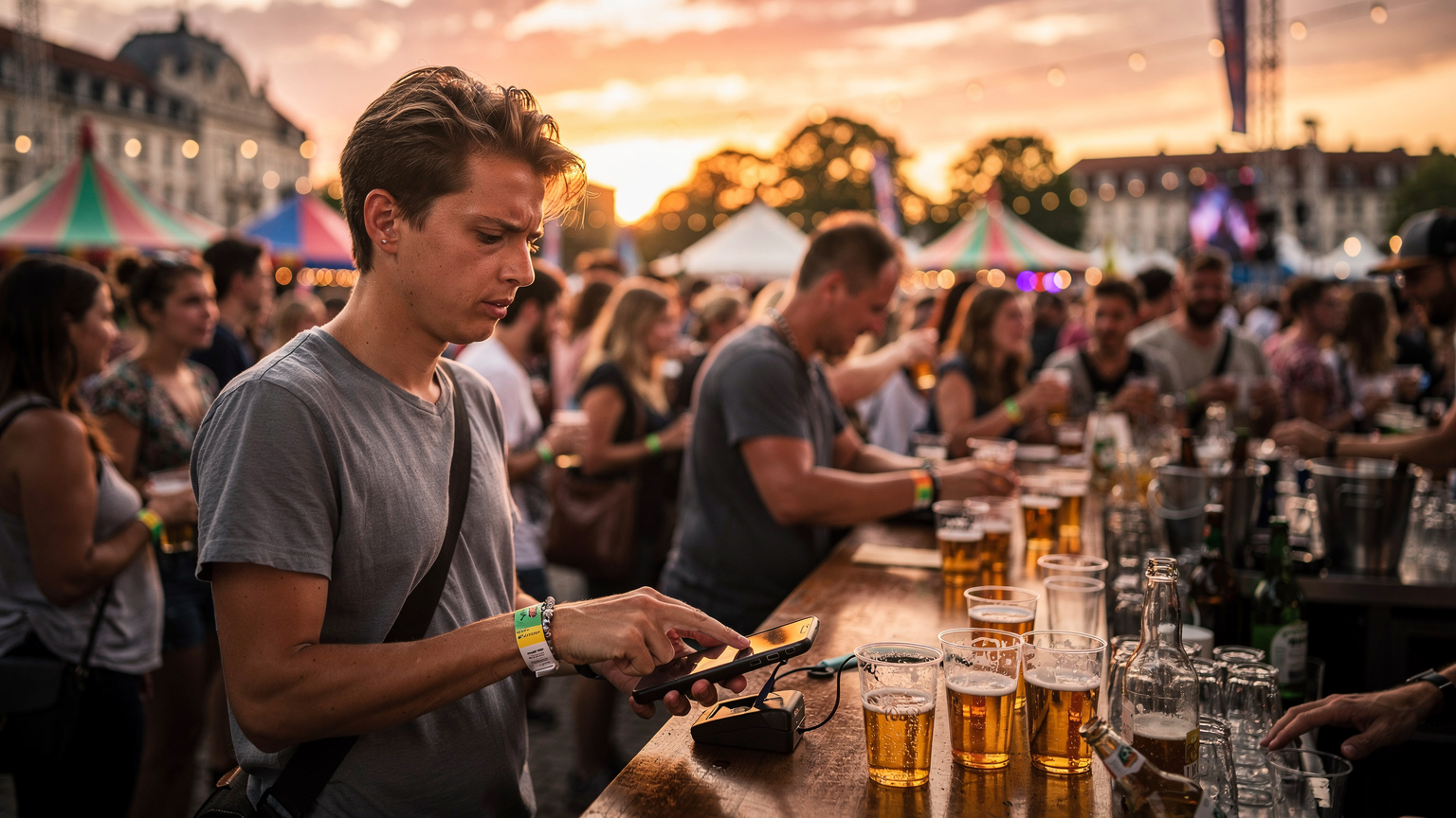 En person står vid en överfull bar på en utomhusfestival i Europa, försöker betala med sin telefon men ser frustrerad ut på grund av dålig uppkoppling. Solnedgången i bakgrunden.