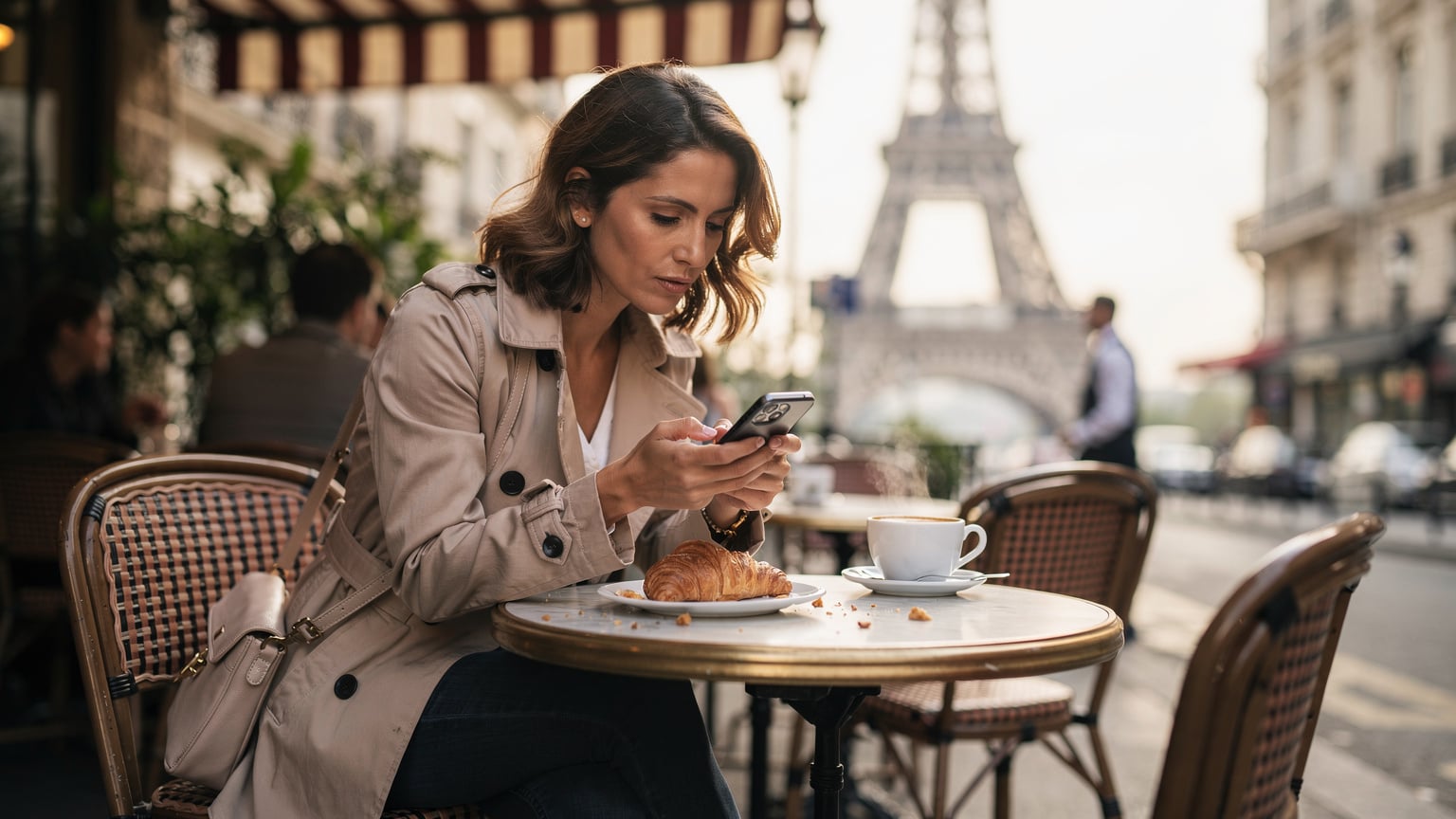 En kvinna sitter vid ett cafébord i Paris, fokuserad på sin smartphone och kopplar upp sig med eSIM. Hon har en kaffe och en croissant framför sig, med Eiffeltornet synligt i bakgrunden.
