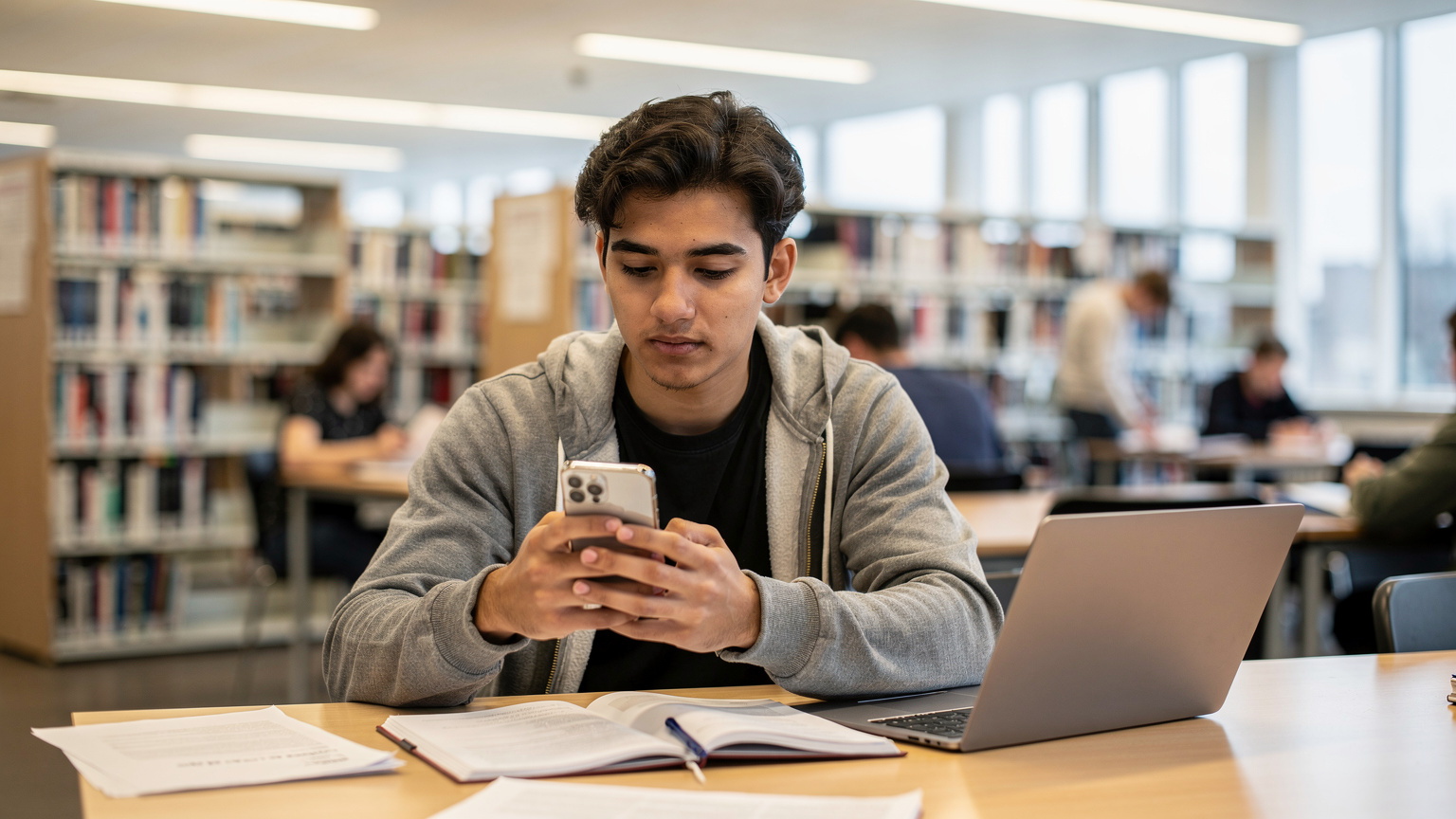 Een student in een drukke universiteitsbibliotheek in Utrecht, met een smartphone in de hand, zoekt online informatie op voor een project.