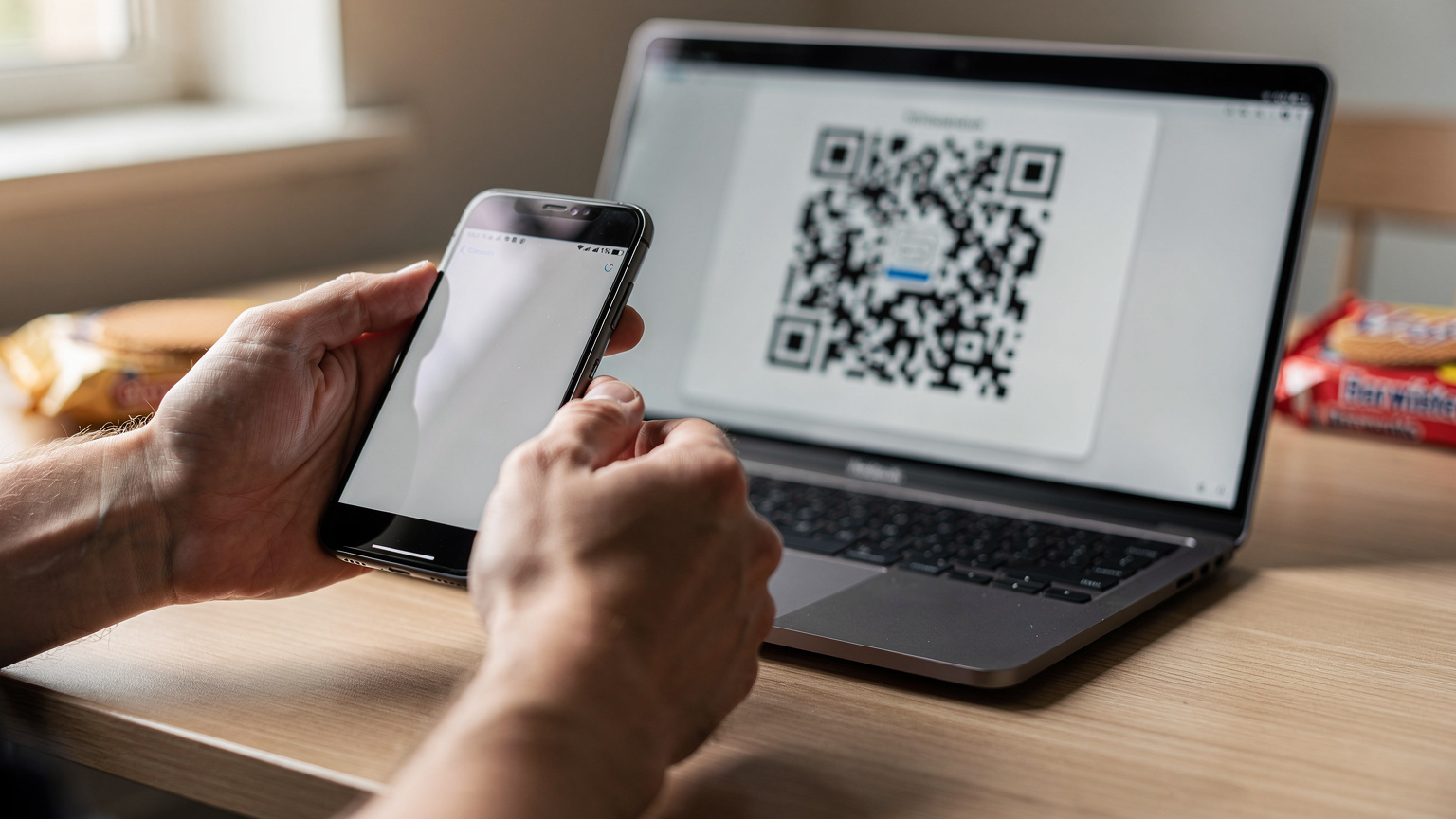 Close-up van handen die een smartphone vasthouden, waarbij een QR-code op een laptop scherm wordt gescand voor eSIM-activering.