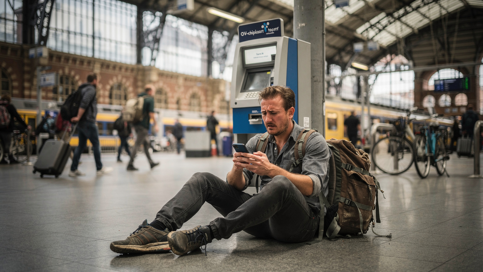 Een backpacker zit gefrustreerd op de grond bij een OV-chipkaart oplaadpunt op station Amsterdam Centraal, terwijl ze naar hun smartphone kijkt zonder verbinding.