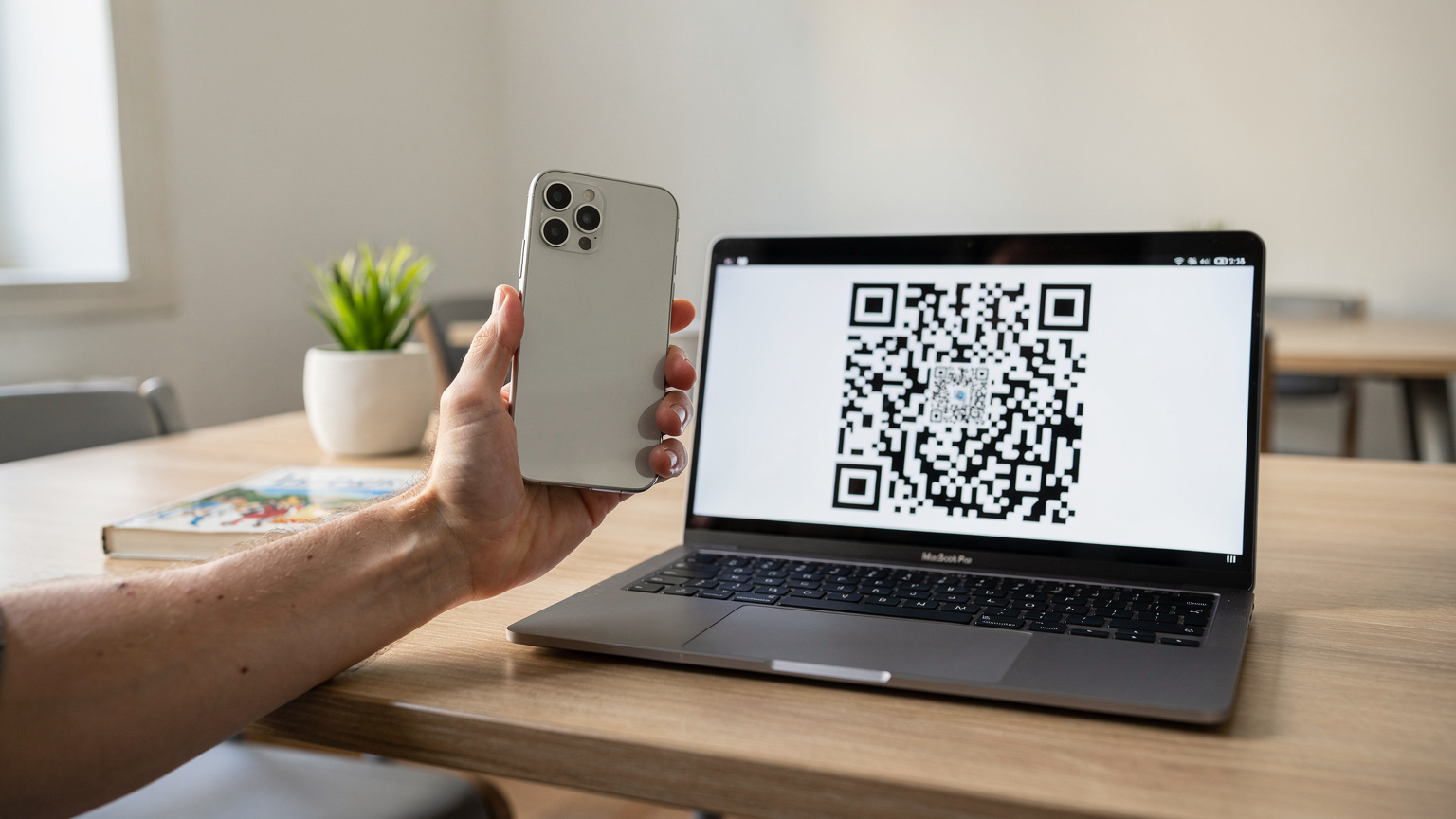 A close-up of a hand holding a smartphone, with a QR code displayed on a separate screen, indicating an eSIM activation process in progress.