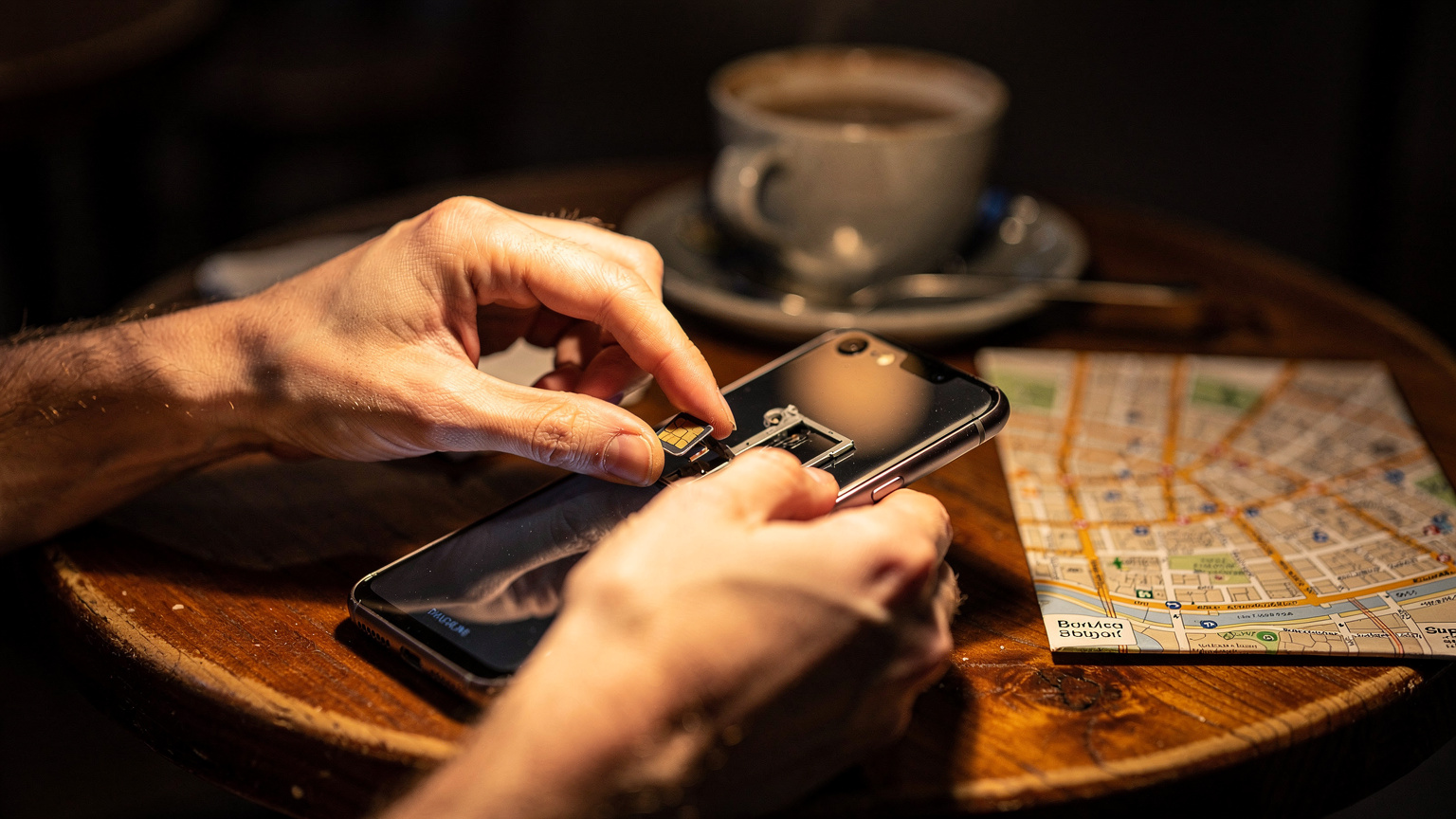 Close-up of a traveler's hands inserting a physical SIM card into a smartphone at a small wooden table inside a cozy cafe in Budapest.