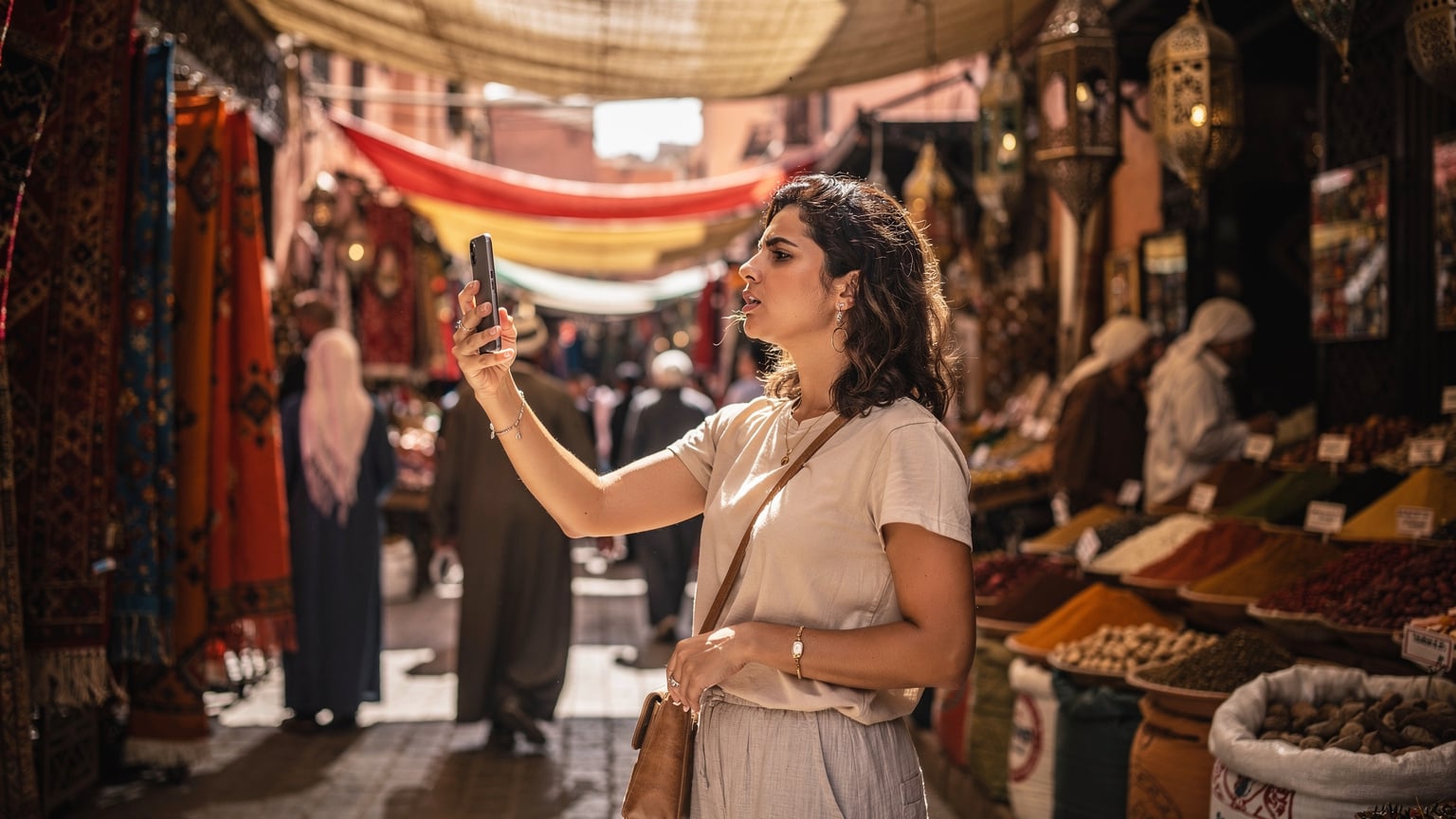 A traveler in a bustling market in Marrakech, looking puzzled at their smartphone screen, trying to get a signal while surrounded by vibrant textiles and spices.
