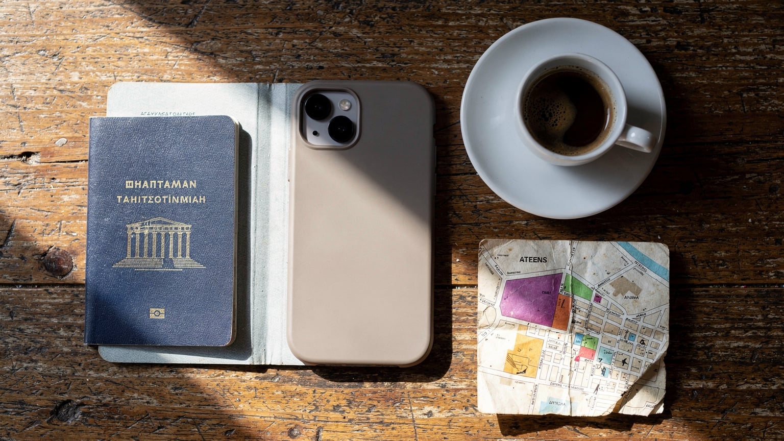 Ένα overhead flat-lay ενός iPhone 17, ενός διαβατηρίου, ενός φλιτζανιού καφέ και ενός μικρού χάρτη της Αθήνας, όλα τακτοποιημένα σε ένα ξύλινο τραπέζι, δίνοντας μια αίσθηση προετοιμασίας ταξιδιού.