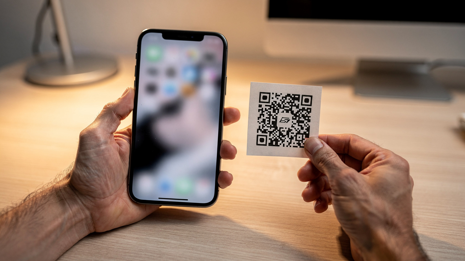 Κοντινό πλάνο σε χέρια που κρατούν ένα iPhone 17, με ένα χέρι να δείχνει την οθόνη που εμφανίζει τις ρυθμίσεις eSIM, ενώ ένα άλλο χέρι κρατά ένα χαρτί με QR κωδικό, σε ένα γραφείο στο σπίτι.