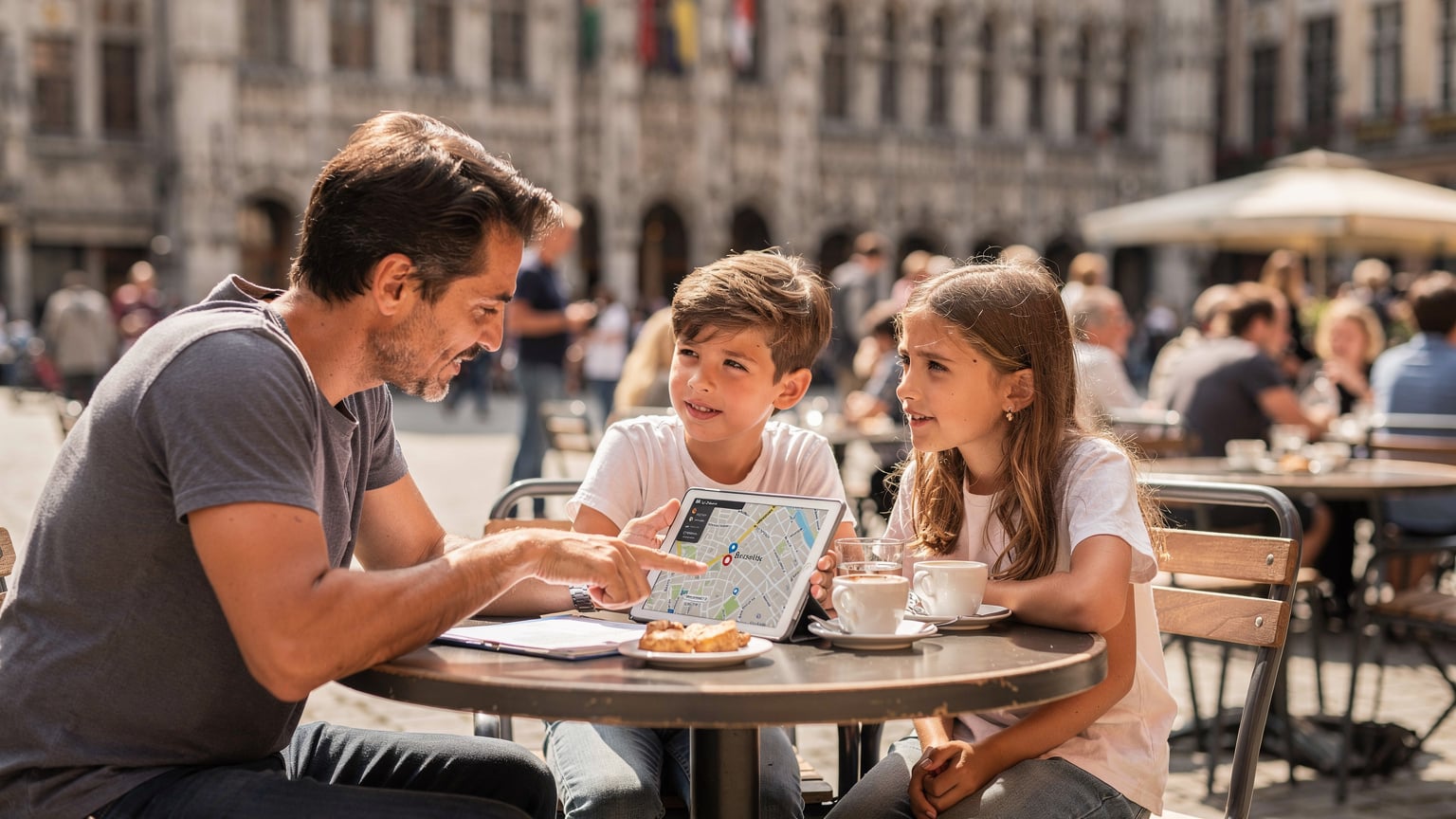 Un padre che mostra ai suoi due figli una mappa offline di Bruxelles su un tablet, indicando l'Atomium, mentre sono seduti in un caffè all'aperto vicino alla Grand Place.