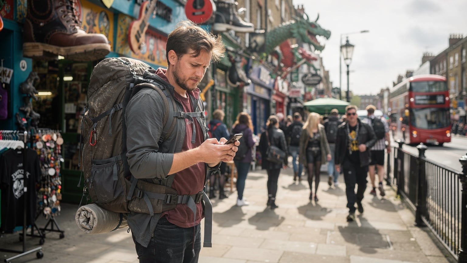Cestovatel s batohem na ulici v londýnské čtvrti Camden Town, s ikonickým trhem v pozadí, kontroluje svůj telefon s eSIM.