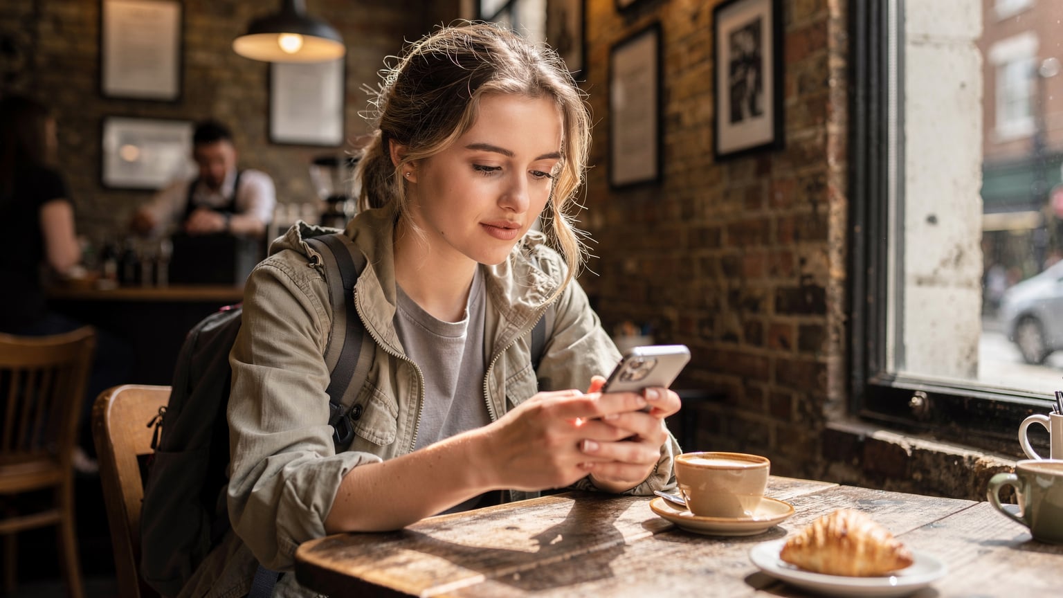 Cestovatelka porovnává možnosti eSIM a roamingu na svém telefonu, zatímco sedí v kavárně v Londýně a užívá si rychlé připojení.