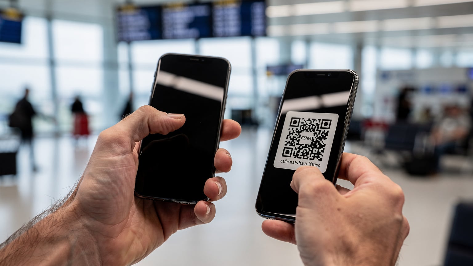 Detailní záběr na ruce cestovatele držící smartphone s aktivním QR kódem pro instalaci eSIM, na pozadí rozmazaný interiér letiště Gatwick.