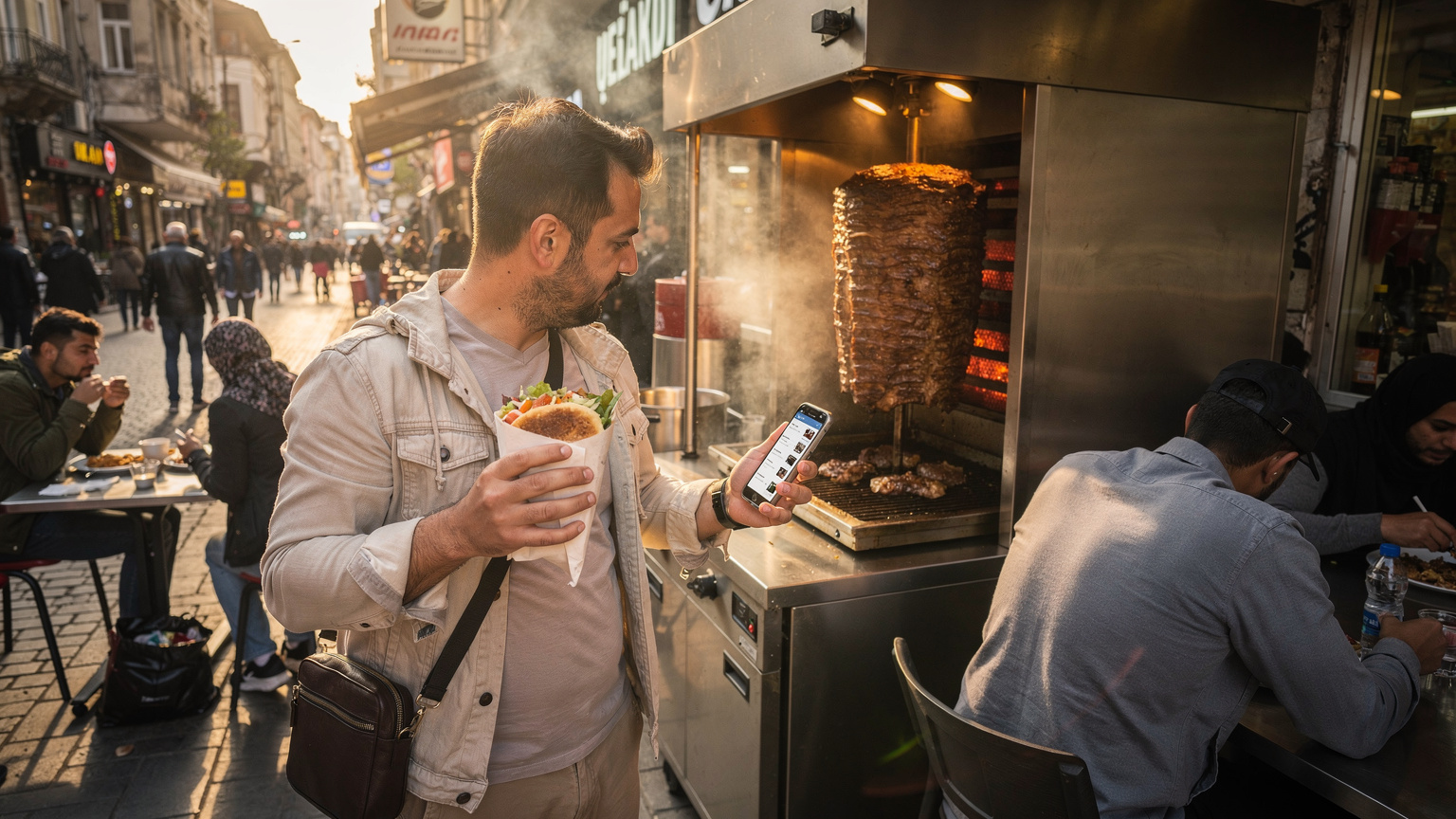İstanbul'daki kalabalık bir sokak dönercisinde, elinde telefonunu kontrol eden bir gezgin. Arka planda döner ocağı ve yerel halk yemek yerken görülüyor.