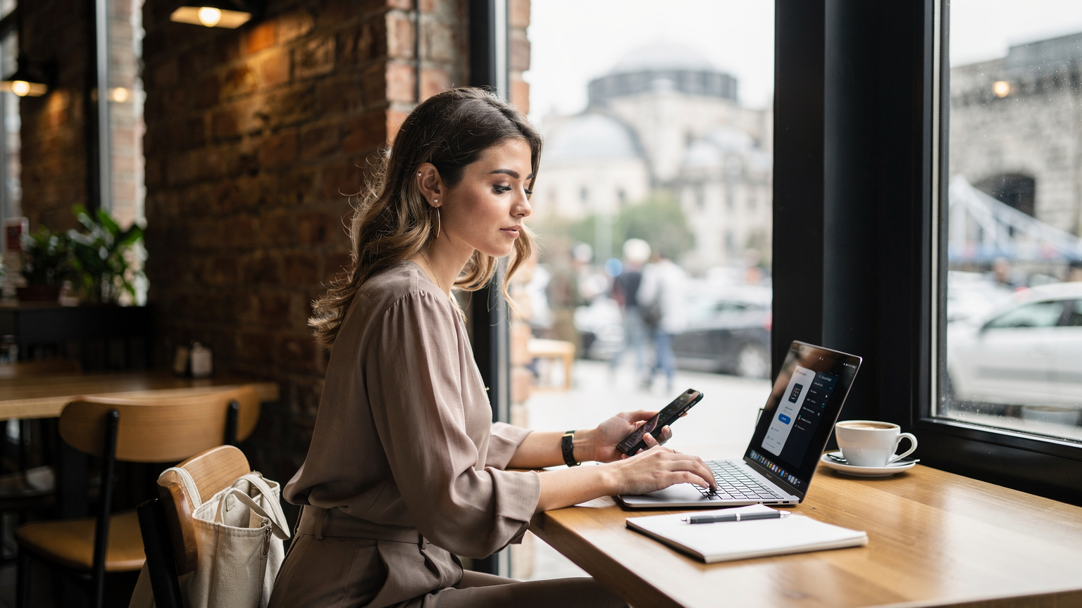 İstanbul'un Karaköy semtindeki modern bir kafede, pencere kenarında oturan genç bir kadın, dizüstü bilgisayarında çalışırken telefonu elinde Cellesim uygulamasını kontrol ediyor. Arka planda tarihi binalar ve hafif bir hareketlilik var.