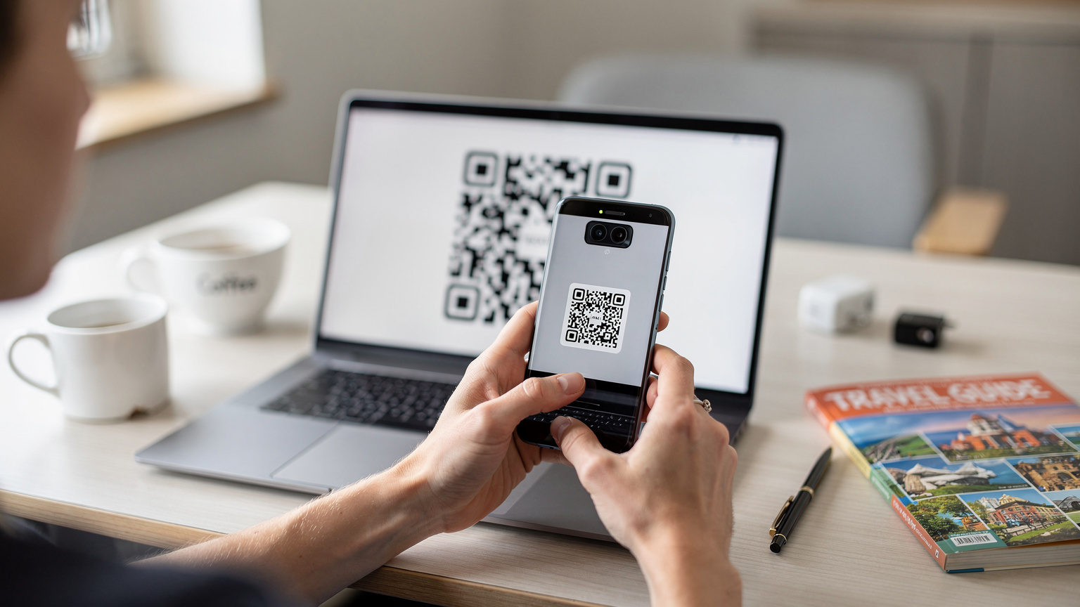 Zblízka na ženské ruky držiace smartfón a skenujúce QR kód eSIM z obrazovky notebooku, s rozmazaným pozadím stola.
