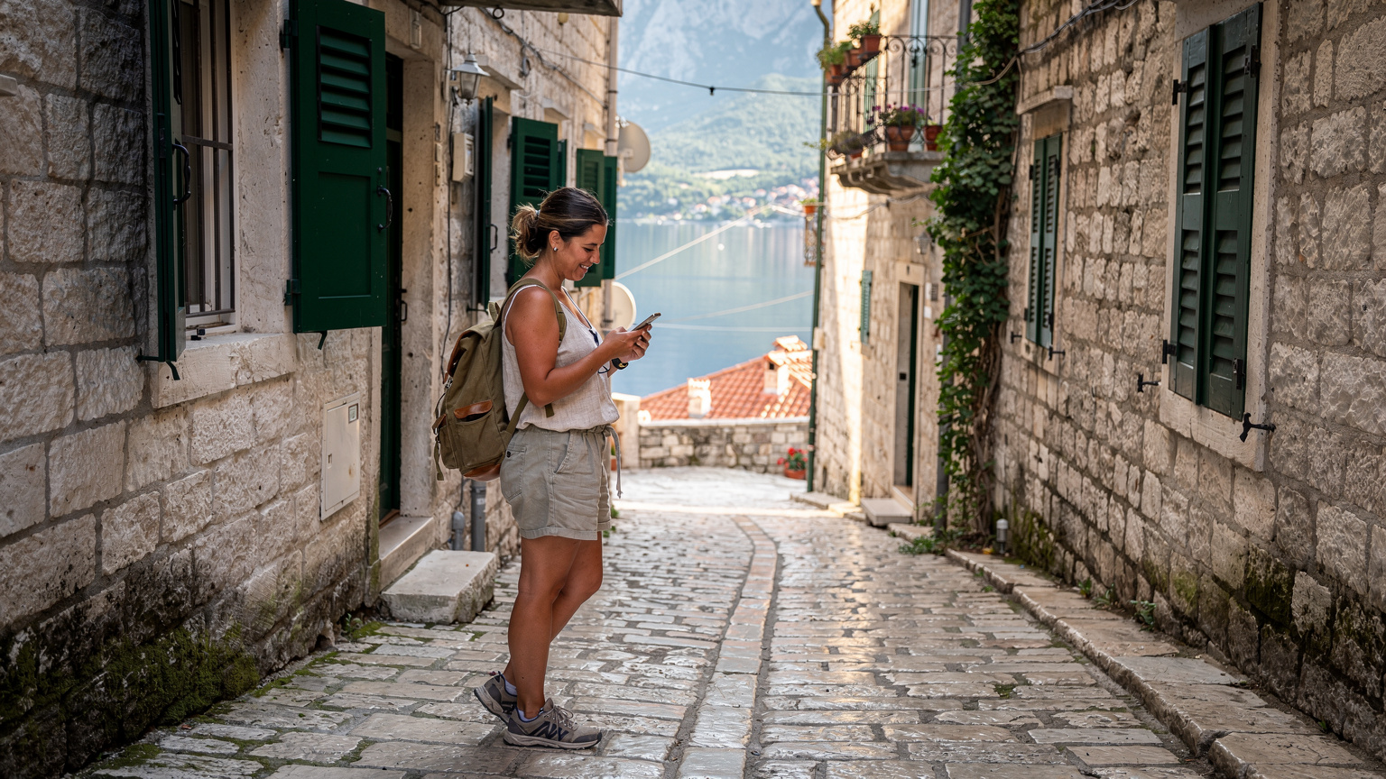 Šťastná turistka s batohom na chrbte kontroluje svoj mobilný telefón v úzkej kamenné uličke Starého Mesta Kotoru v Čiernej Hore.