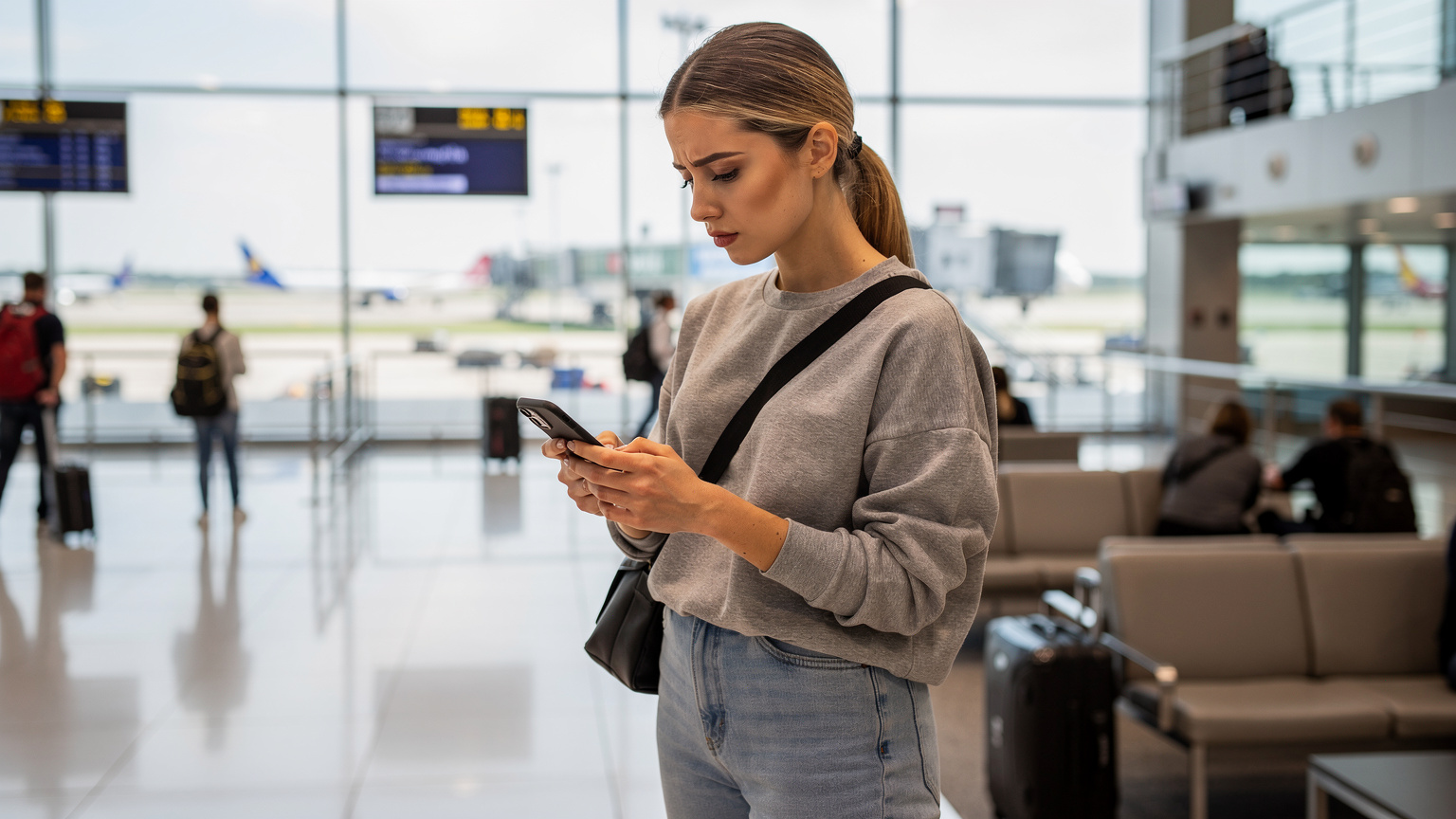 Жінка зосереджено тримає свій Samsung Galaxy, намагаючись встановити eSIM у людному аеропорту, перед вікном з видом на злітно-посадкову смугу.