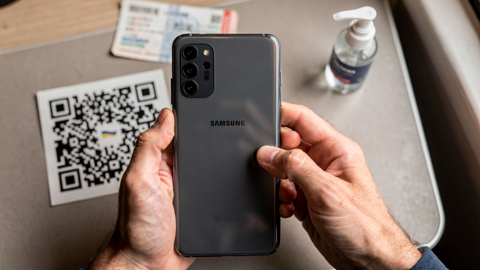 Крупний план рук, які тримають смартфон Samsung Galaxy, на екрані якого відображається процес сканування QR-коду для активації eSIM. На задньому плані видно квиток на потяг або літак.