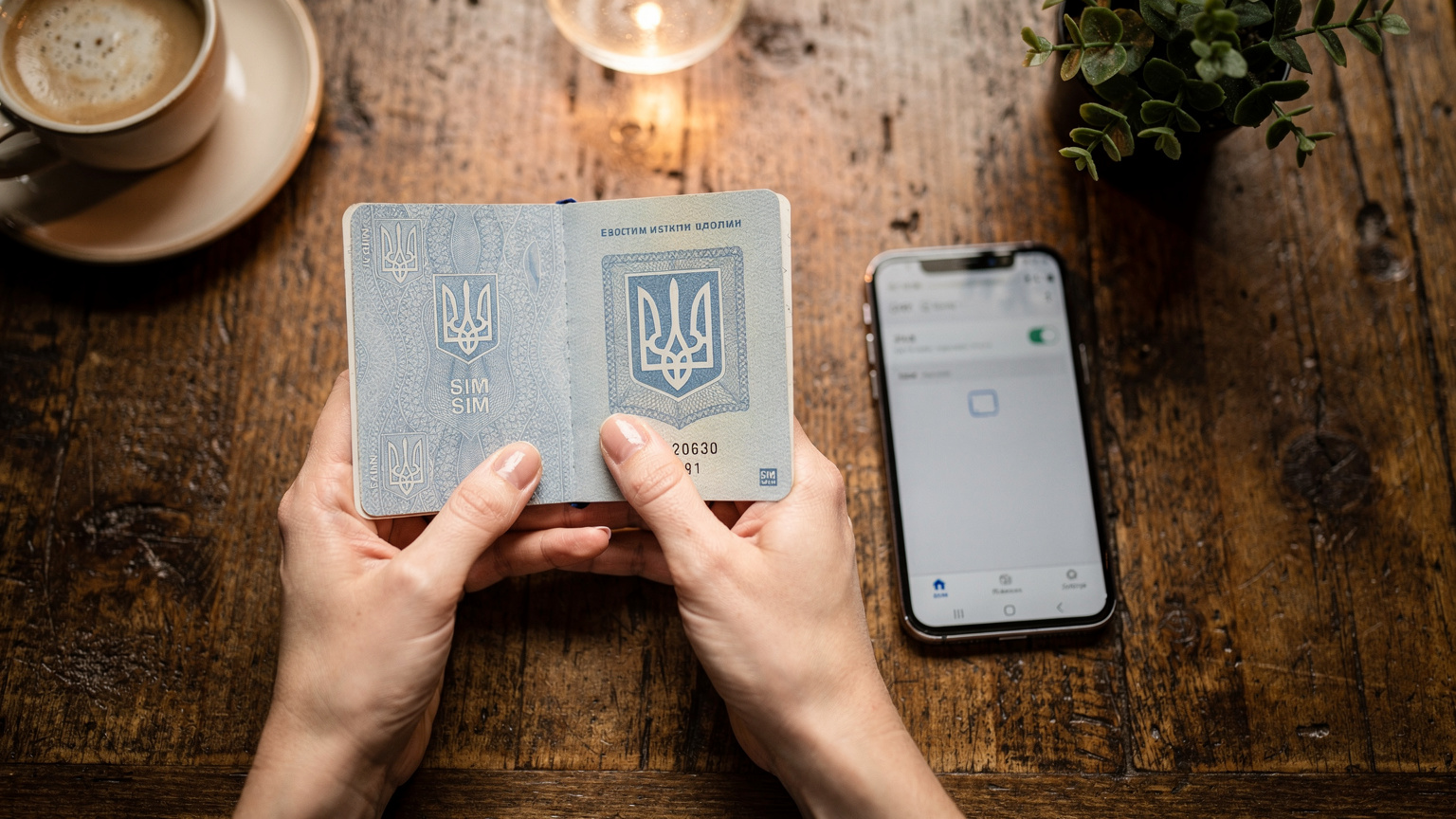 Руки жінки тримають розкритий паспорт з українським тризубом, а поруч лежить смартфон Samsung Galaxy, на екрані якого відображається застосунок мобільного оператора, що пропонує послуги eSIM.