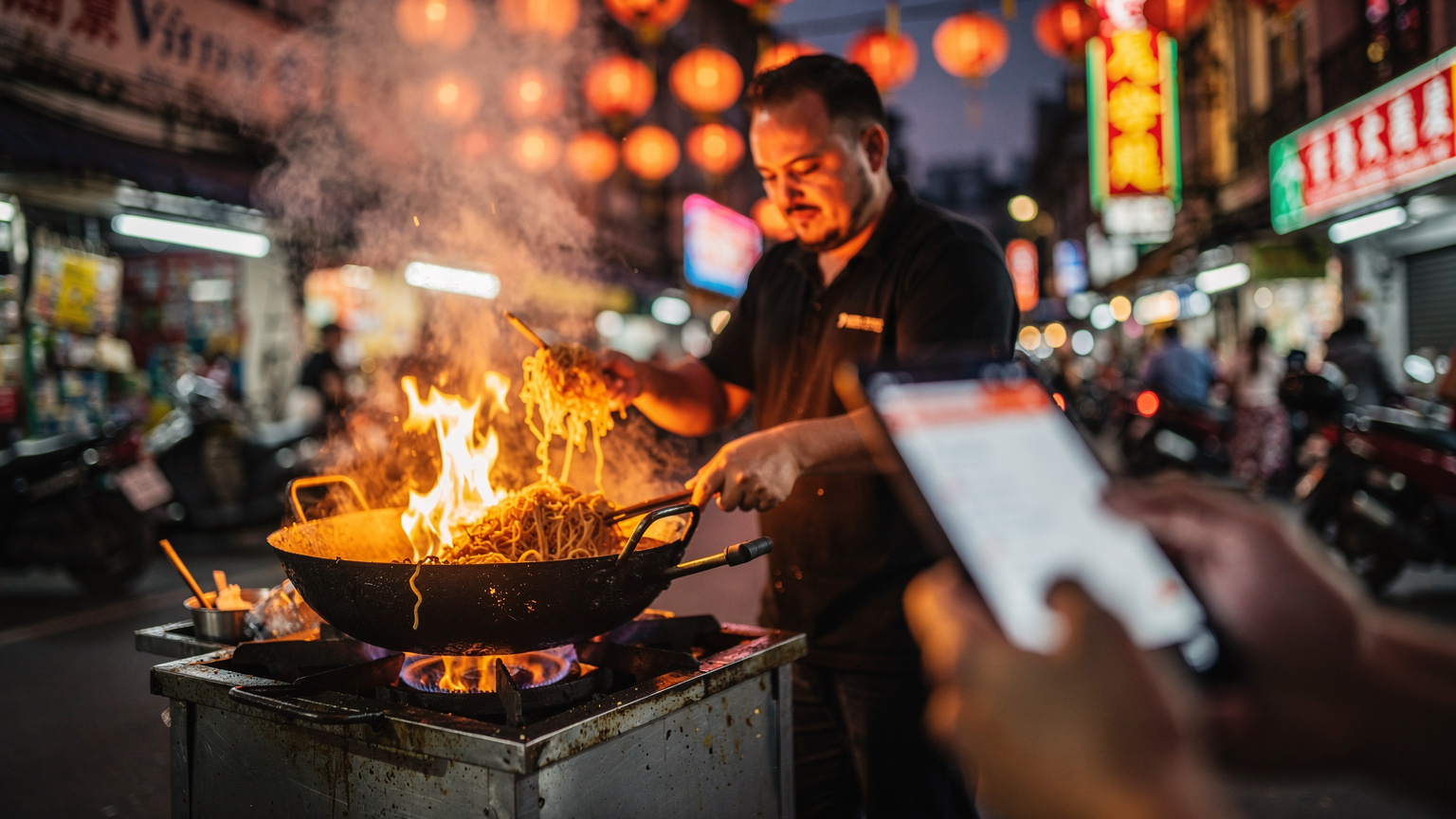 A close-up, slightly blurred shot of a traditional street food vendor in Bangkok's Chinatown (Yaowarat), preparing noodles, with a traveler holding a phone to the side, emphasizing the need for connectivity in a culturally rich environment.