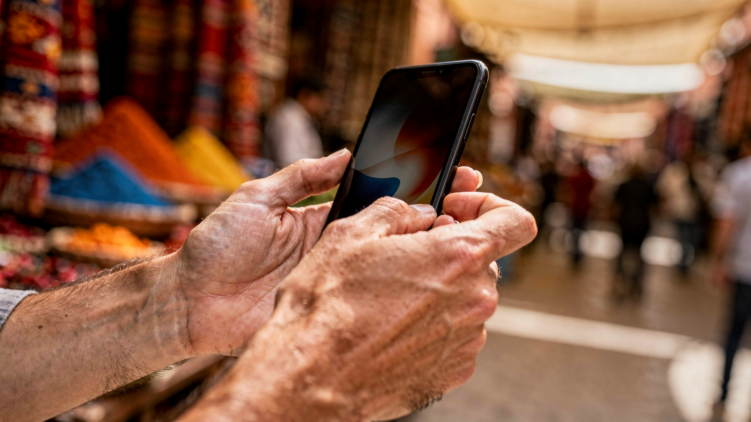 A close-up of a traveler's hands interacting with a smartphone screen, showing the motion of navigating settings, set against a backdrop of a blurred, vibrant street market in Marrakech, Morocco.