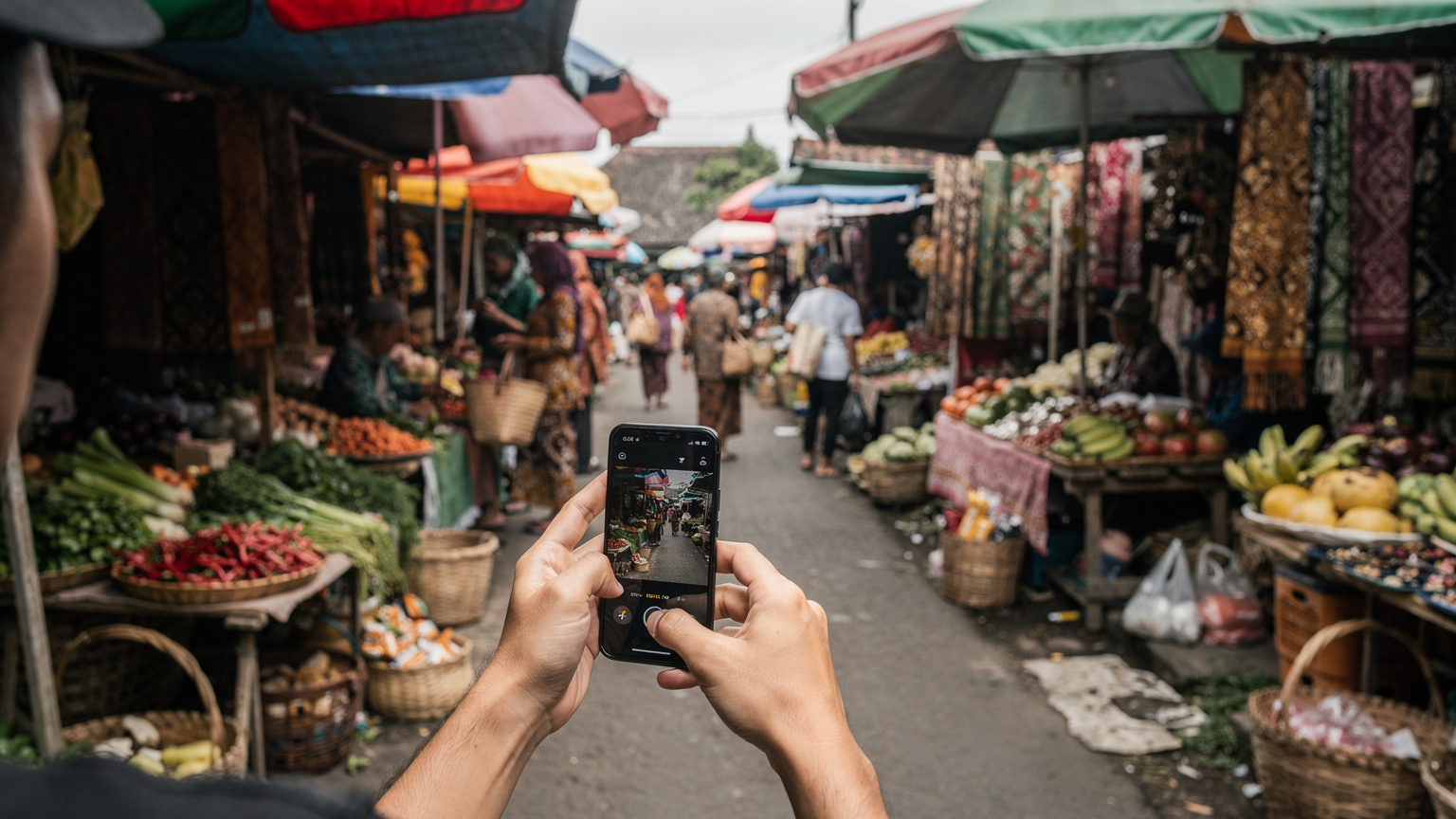 A traveler in a bustling Indonesian market, holding their phone to navigate, illustrating the need for reliable data.