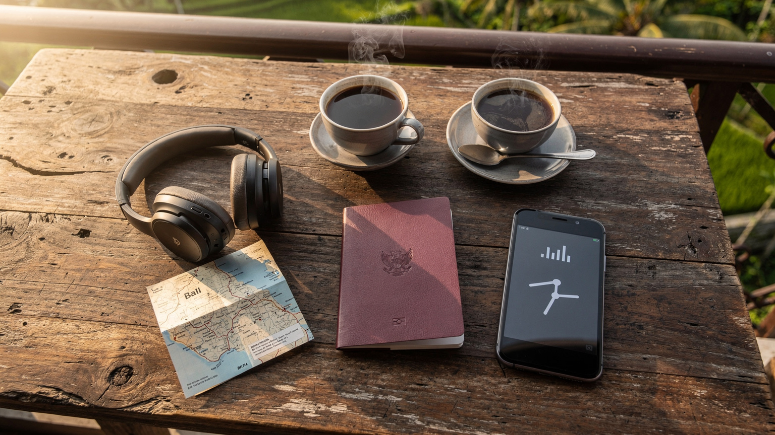 An overhead flat-lay shot of travel essentials, including a passport, smartphone with an active eSIM, headphones, and a local Indonesian map, ready for adventure.