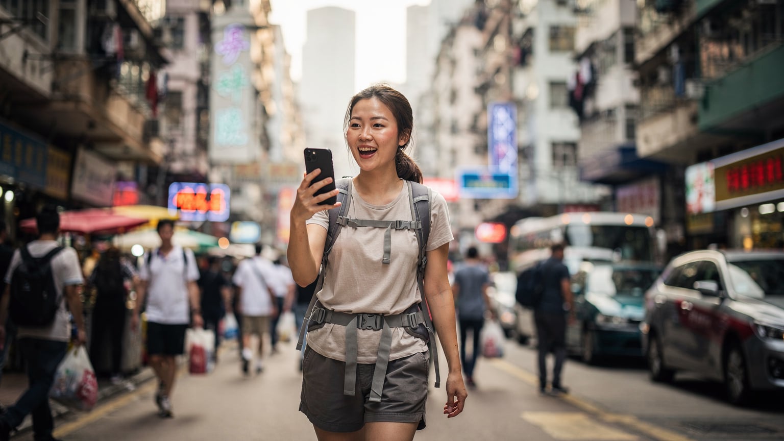一位年輕的亞洲女性背包客在香港繁忙的街頭,手持iPhone與朋友視訊通話,背景是高樓大廈和穿梭的人群。