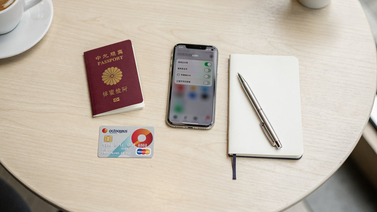 一張桌面平拍圖,顯示護照、一部iPhone手機(螢幕顯示Cellesim eSIM設定介面)、一張香港地鐵八達通卡和一個小型筆記本,營造出旅行準備的氛圍。