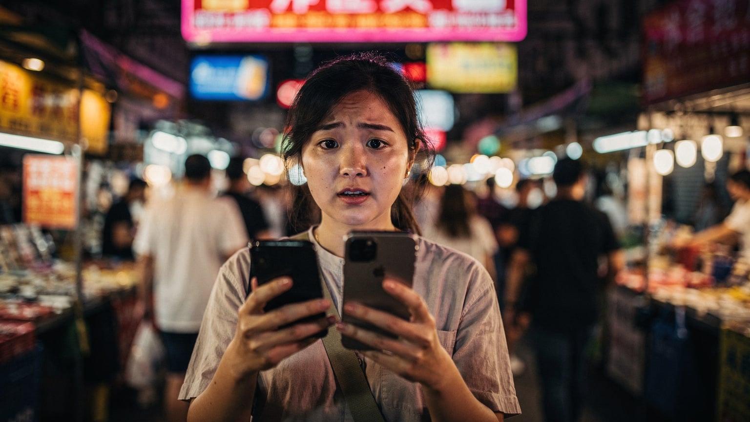 一位亞洲女性遊客在香港旺角街頭,背景是熱鬧的夜市招牌和人群,她正在手持iPhone搜尋資訊,臉上略帶困惑的表情。